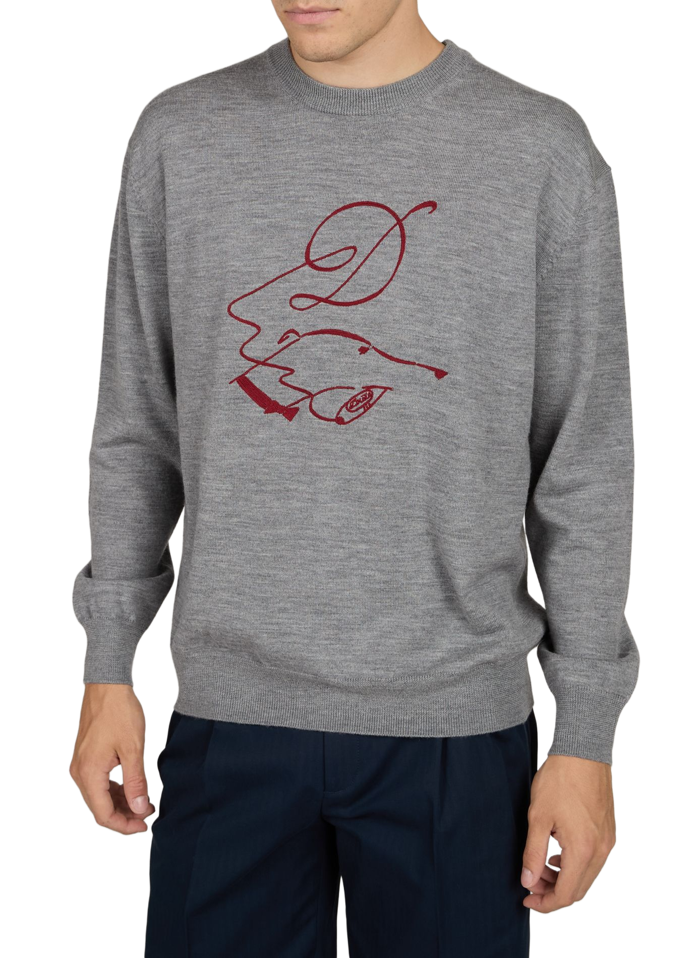 Pull à motif brodé en laine mérinos DROLE DE MONSIEUR Gris