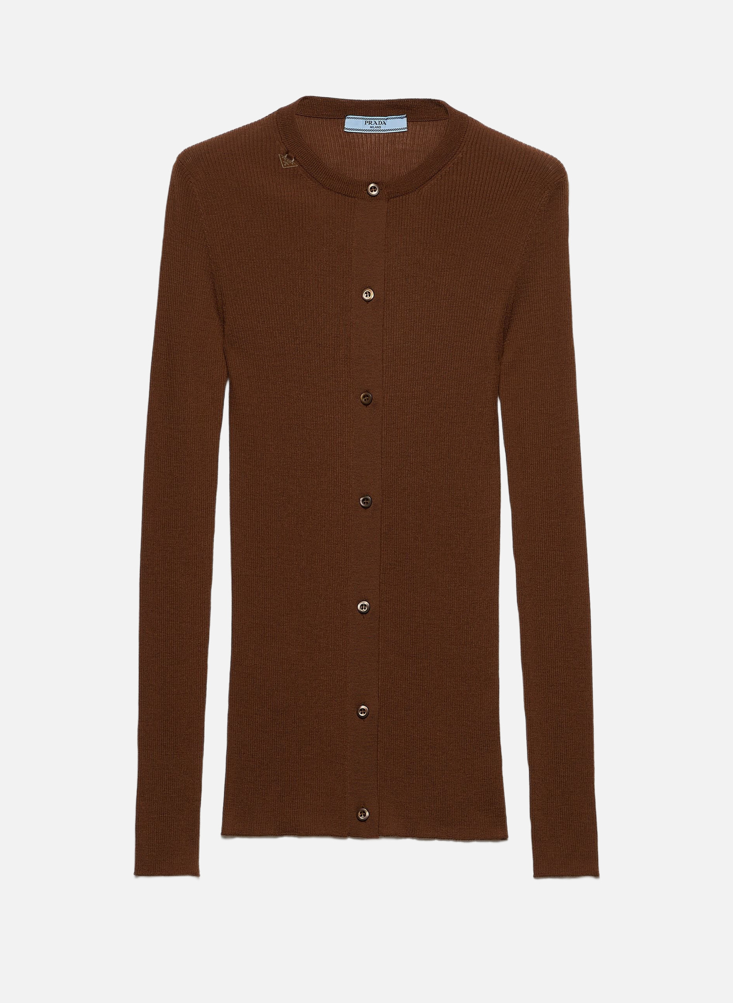 Cardigan en laine en maille côtelée PRADA Marron