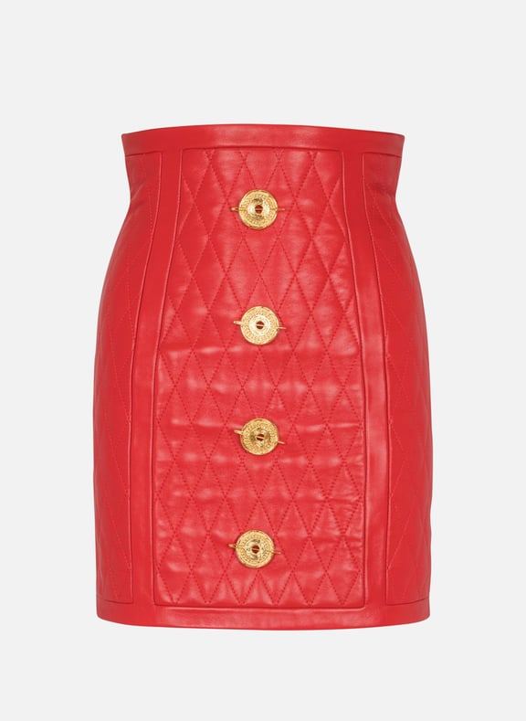 Jupe en cuir d'agneau surpiqué à motif diamond Rouge by BALMAIN BALMAIN Jupe en cuir d'agneau surpiqué à motif diamond Rouge