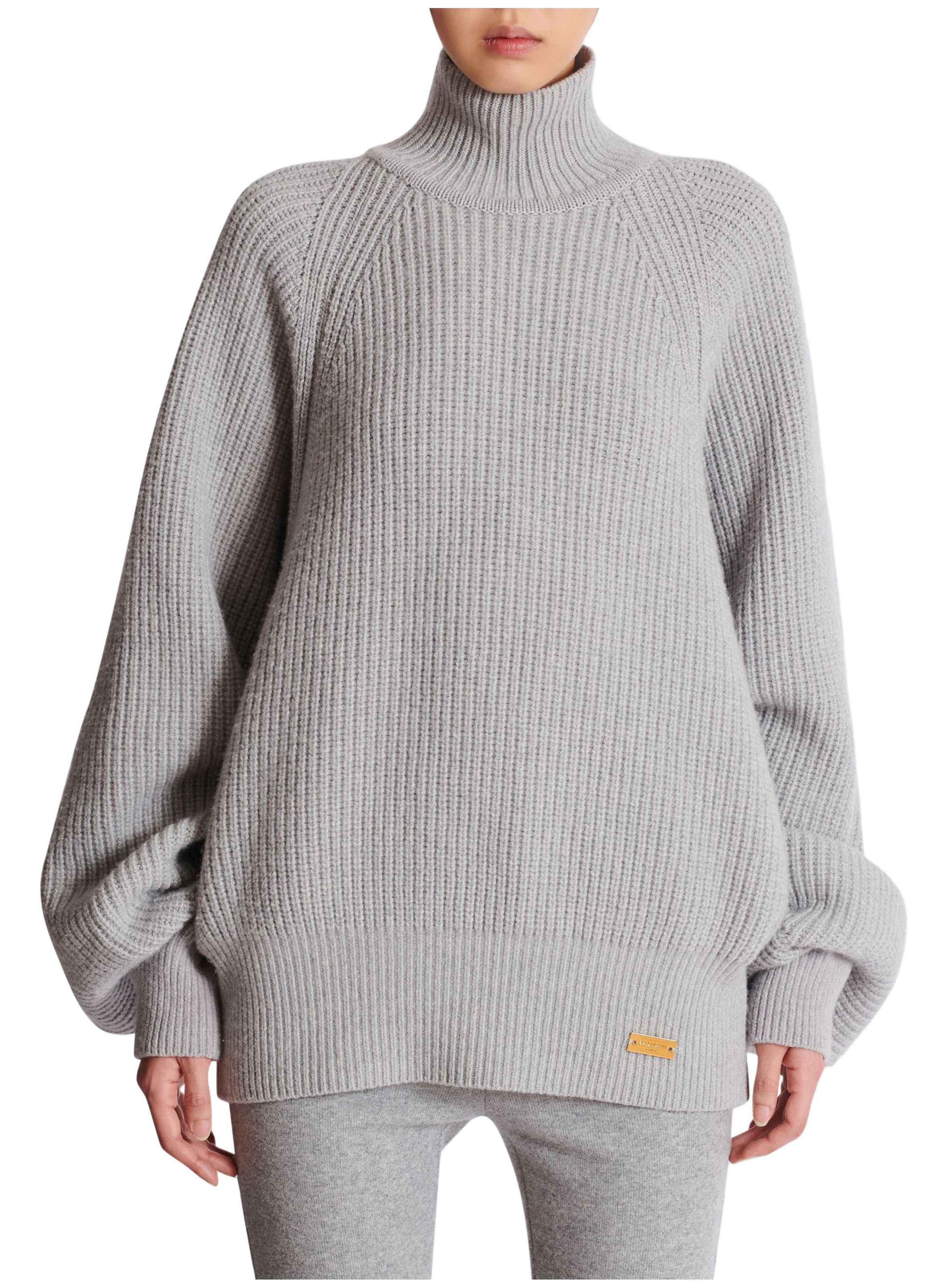 Pull en maille côtélée à col montant Gris