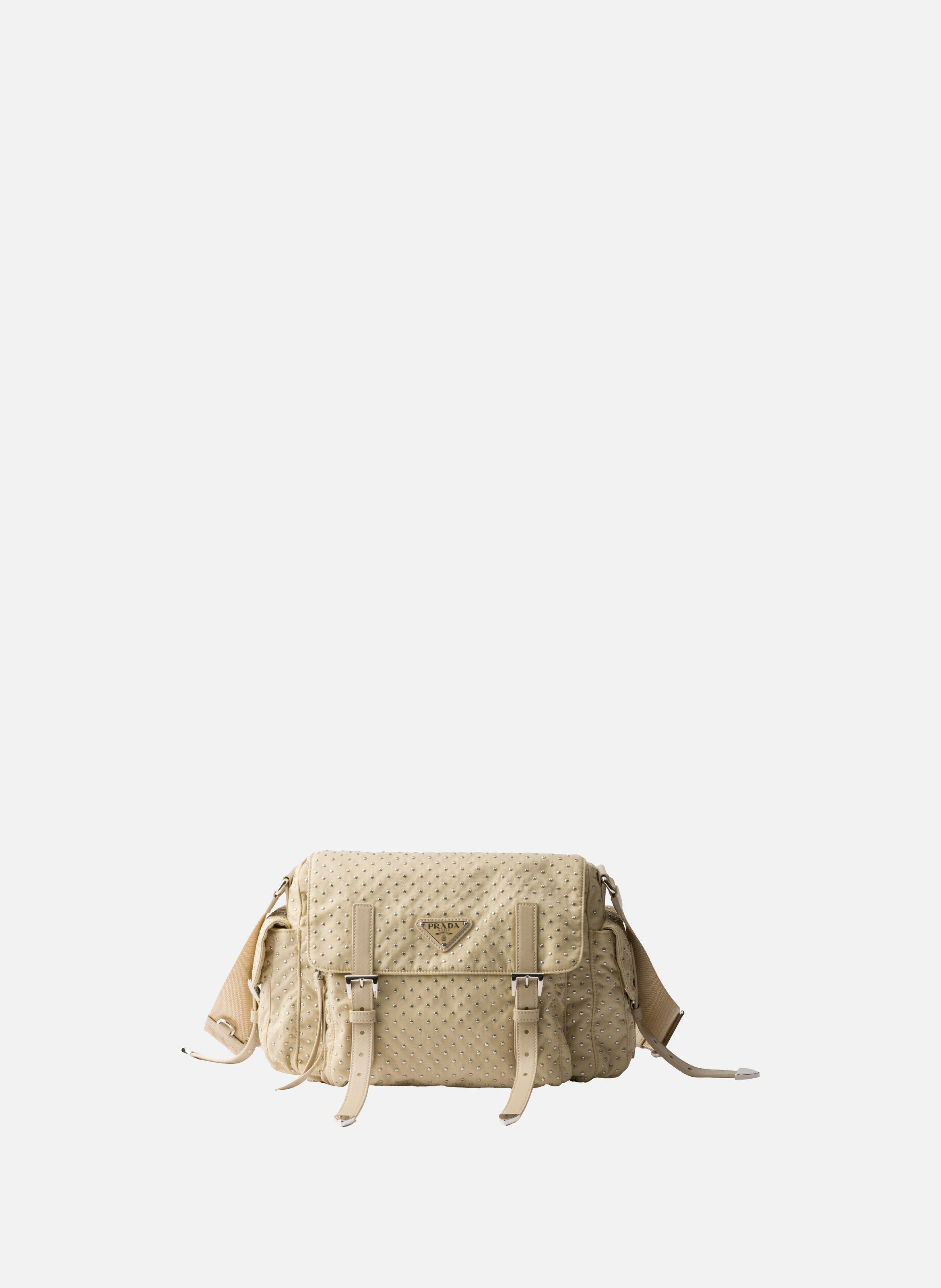 Sac à bandoulière en re-nylon avec clous PRADA Beige