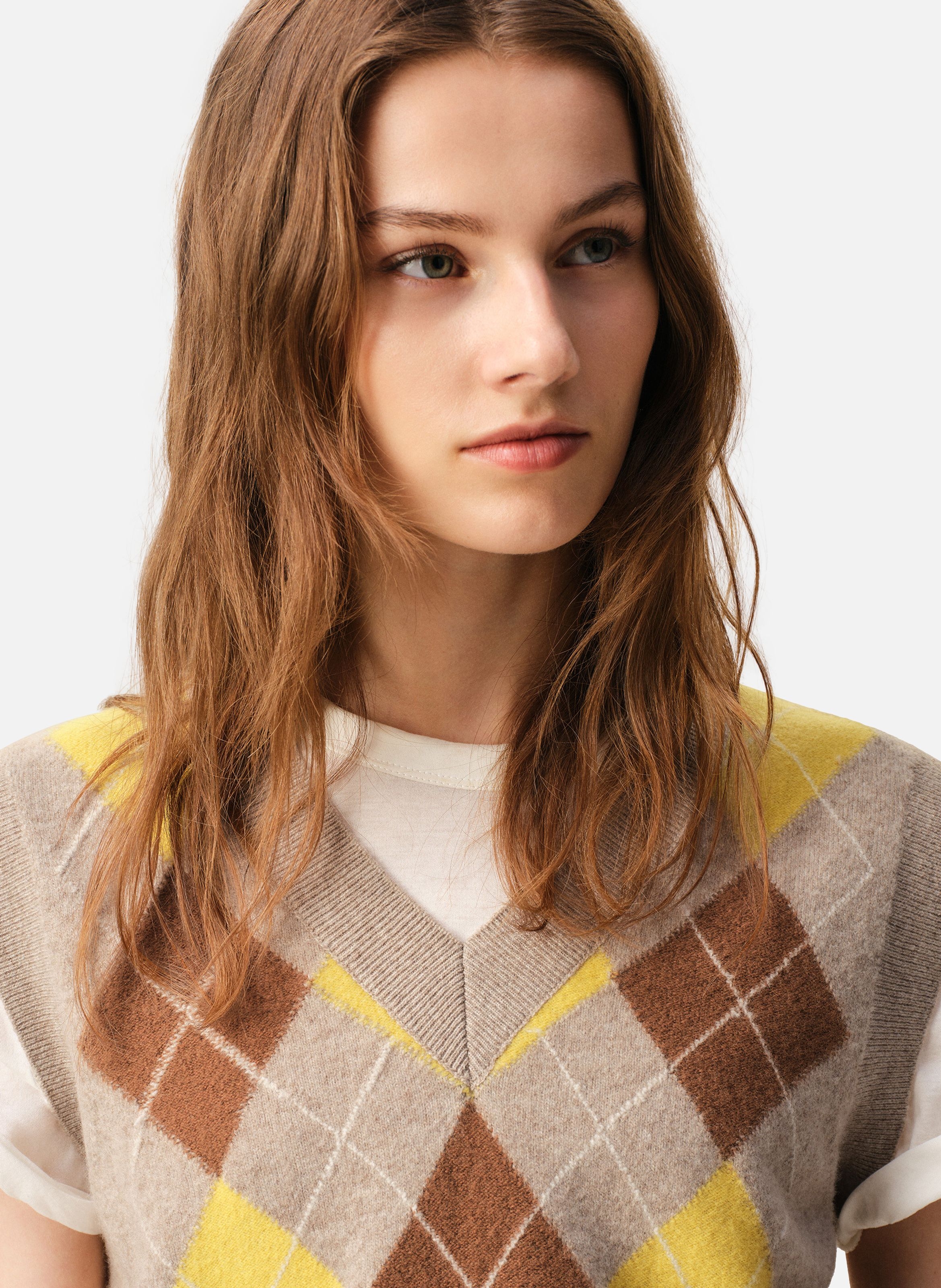 Pull col v sans manches avec intarsia argyle en laine unisexe AMI PARIS Multicolore