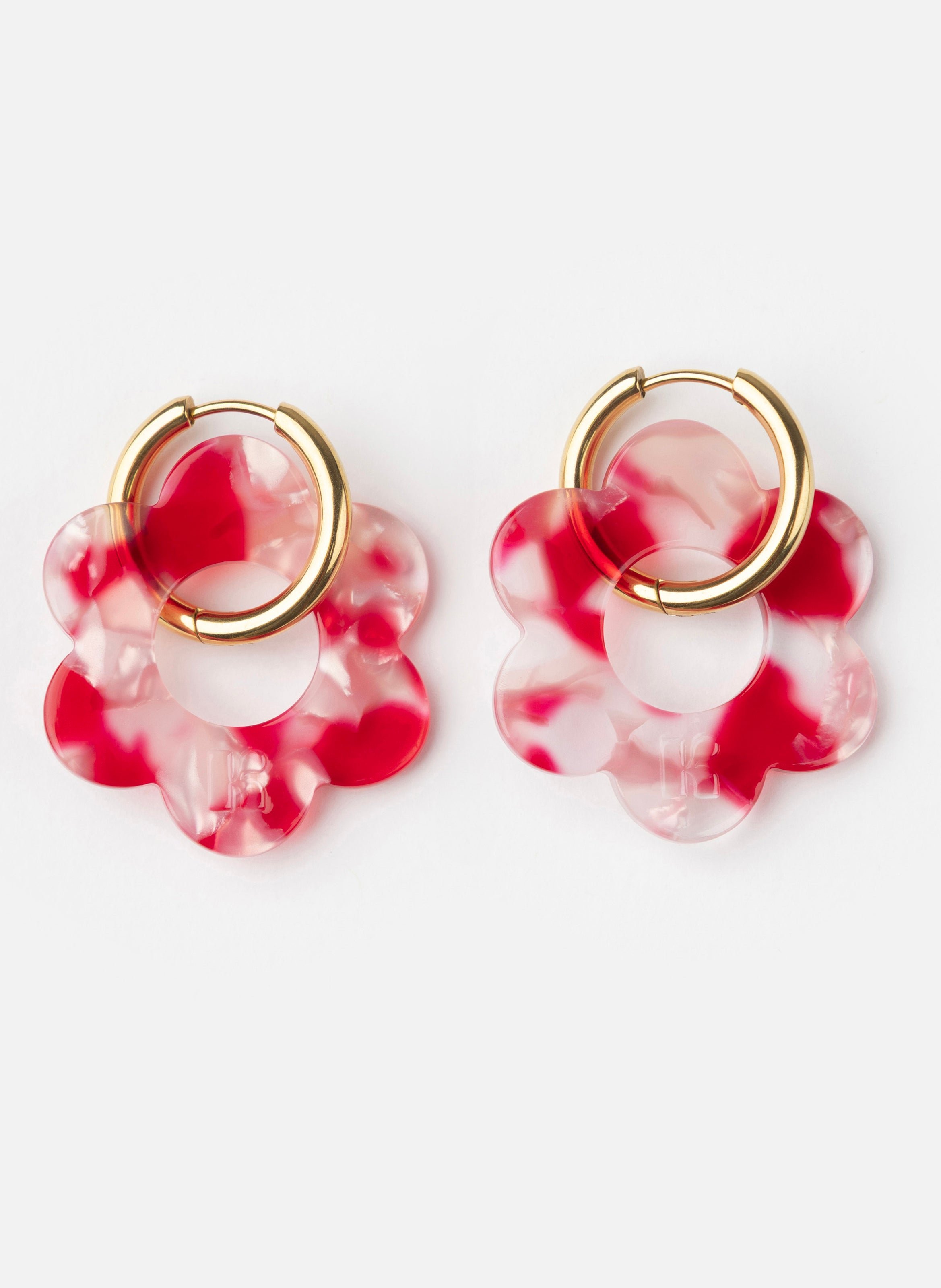 Boucles d'oreilles maxi fleurette avec anneaux en acier inoxydable doré KURAGE GINZA Rouge