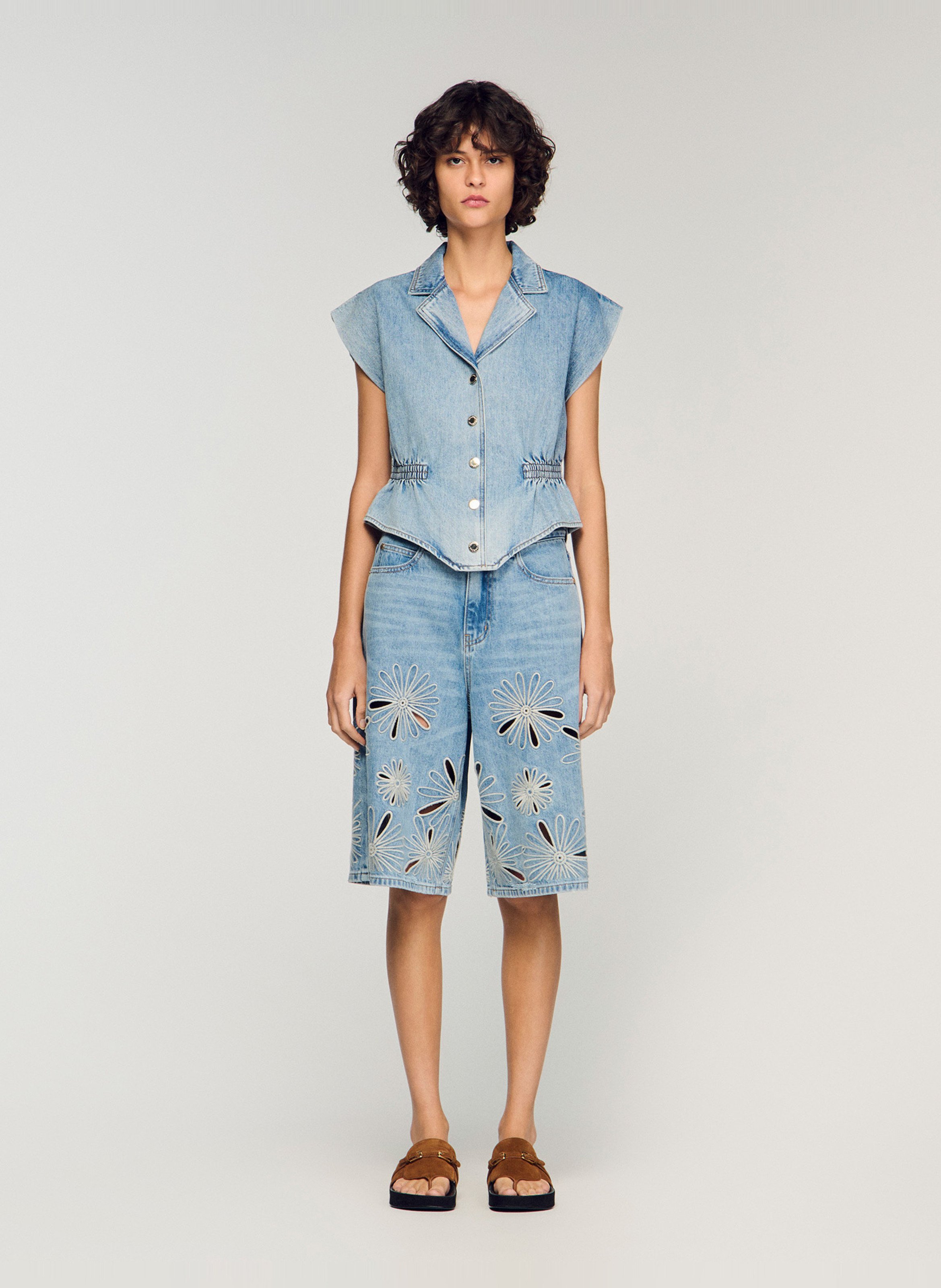 Top col tailleur en denim SANDRO Bleu