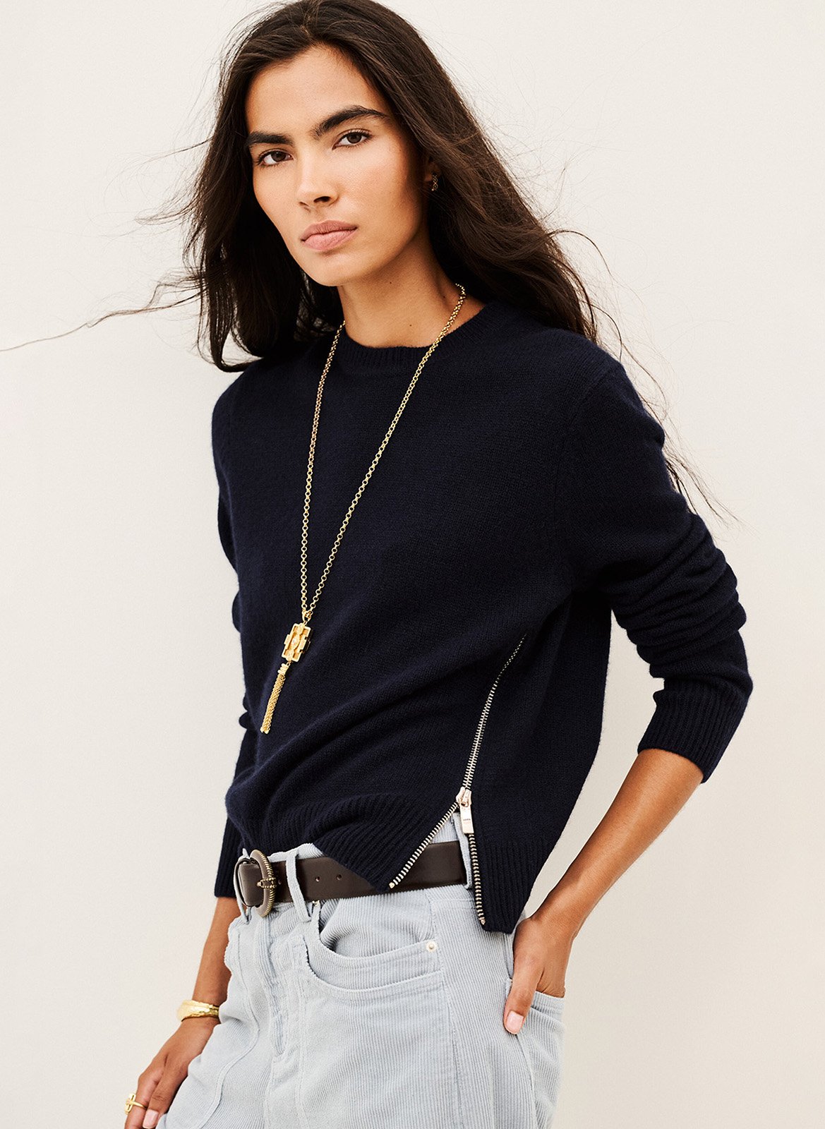 Pull droit col rond à zip en cachemire cheyla BA&SH Bleu