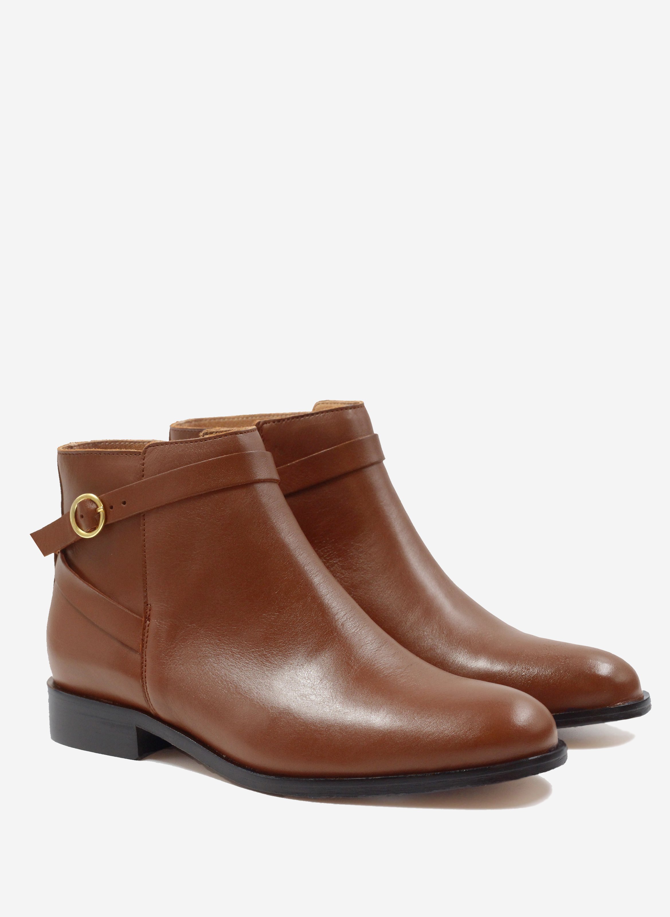 Bottines cavalières plates cuir lisse Marron