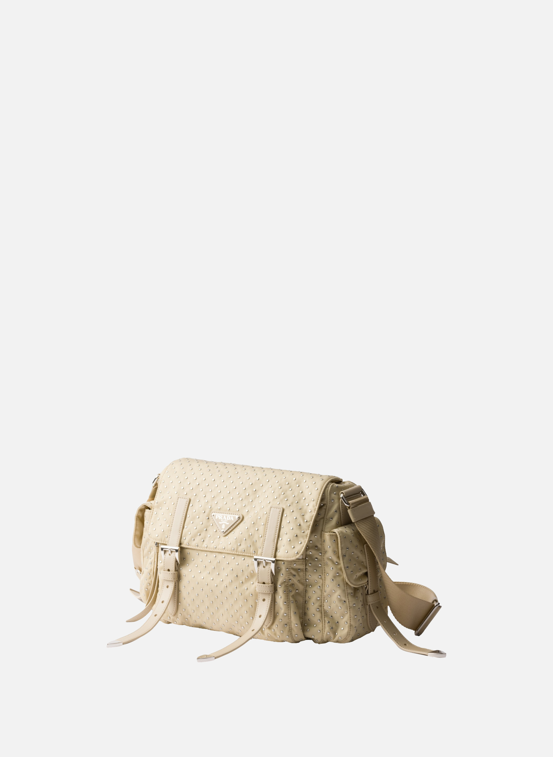 Sac à bandoulière en re-nylon avec clous PRADA Beige