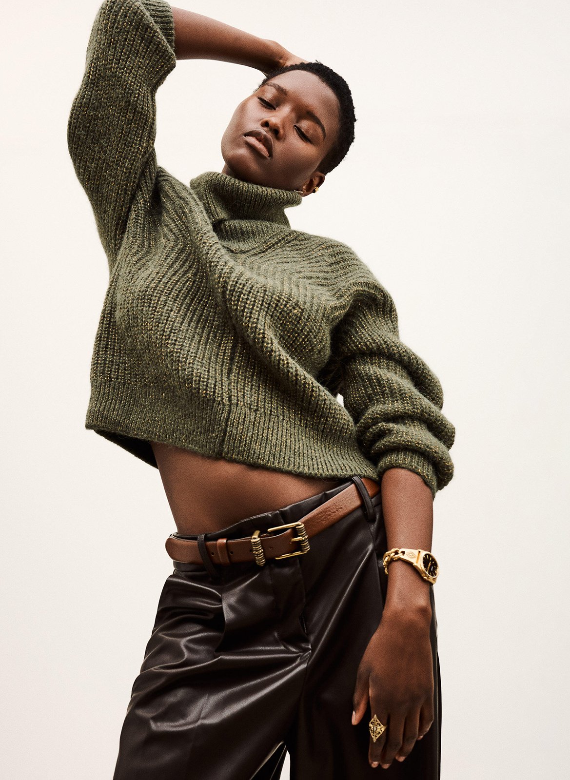 Pull col roulé en laine mélangée roumane Kaki