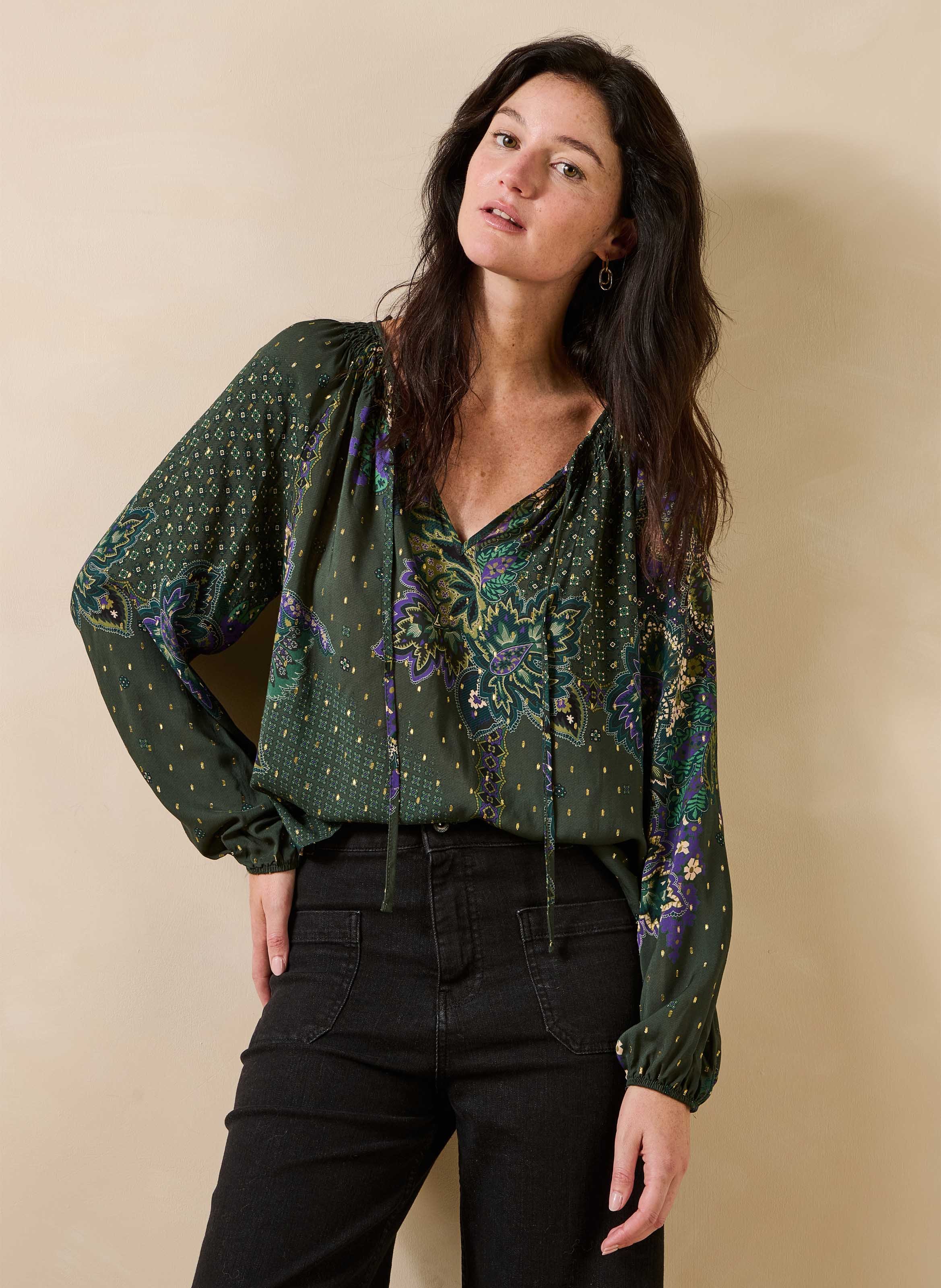 Geprinte blouse met Tunesische hals LA FEE MARABOUTEE Groen