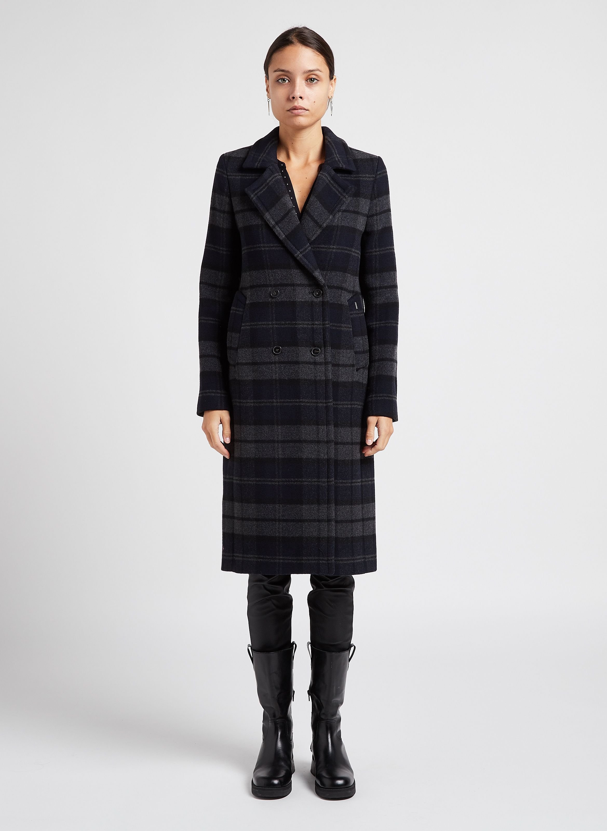 Manteau long col tailleur à carreaux en laine mélangée