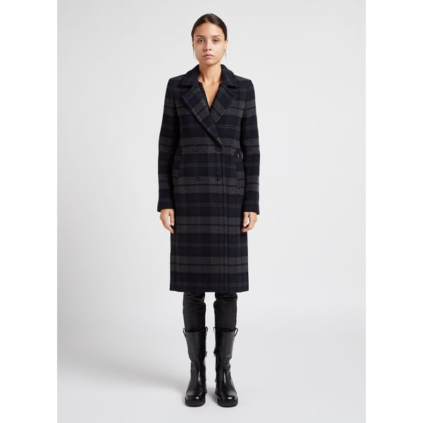Manteau long col tailleur à carreaux en laine mélangée