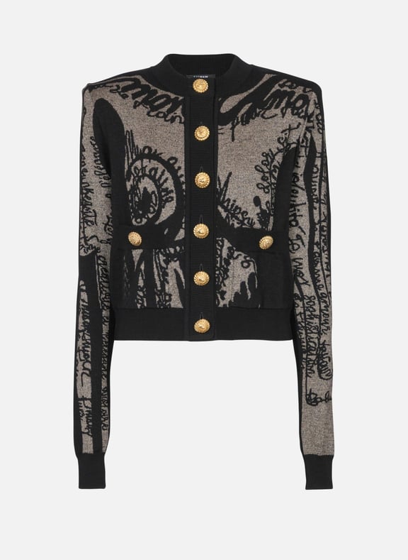 Cardigan en maille jacquard avec trompe-l'œil corps Noir by BALMAIN BALMAIN Cardigan en maille jacquard avec trompe-l'œil corps Noir