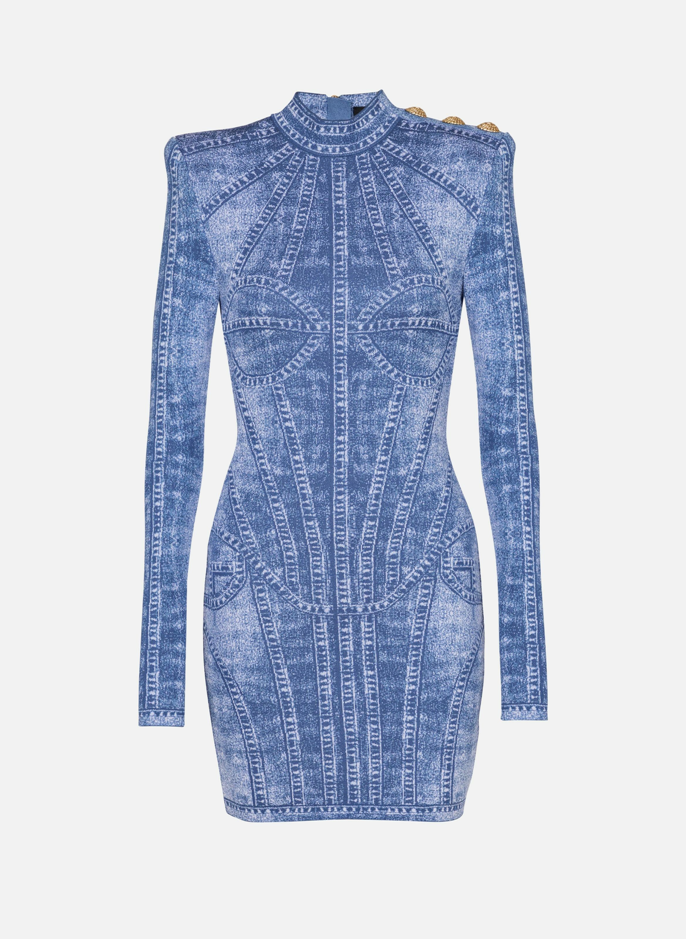 Robe courte en maille jacquard avec trompe-l'œil denim BALMAIN Bleu