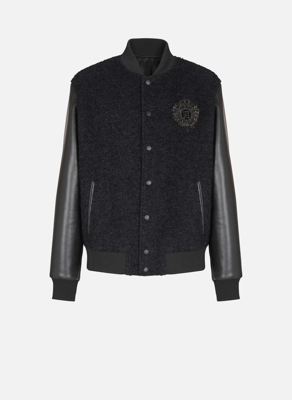 Veste varsity en tweed et faux cuir Noir by BALMAIN BALMAIN Veste varsity en tweed et faux cuir Noir