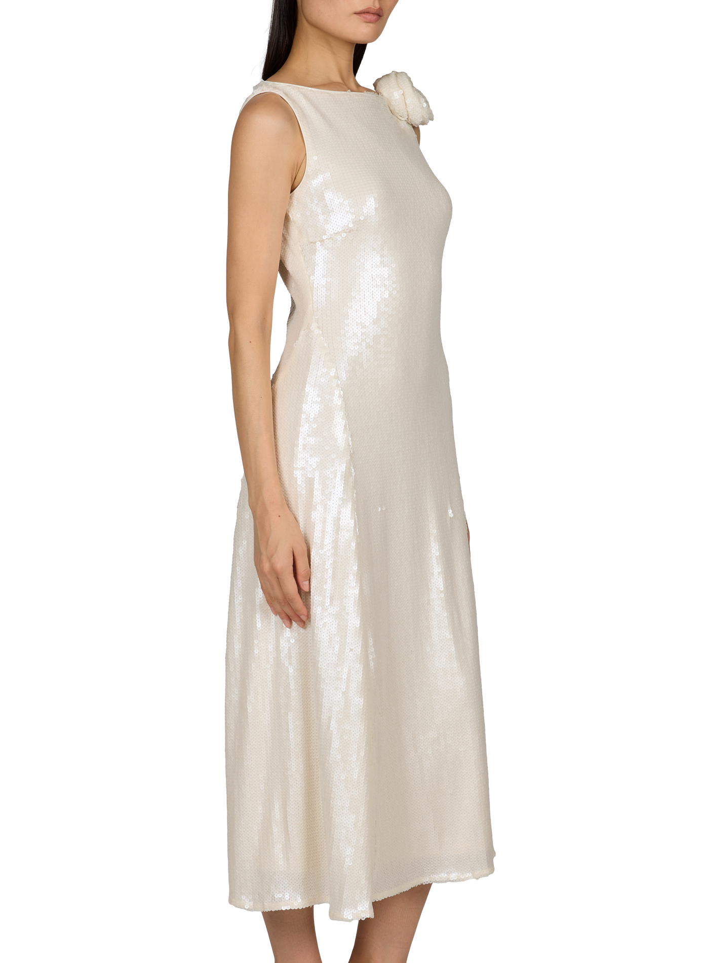 Midi jurk met uitlopende snit en pailletten ROTATE Beige