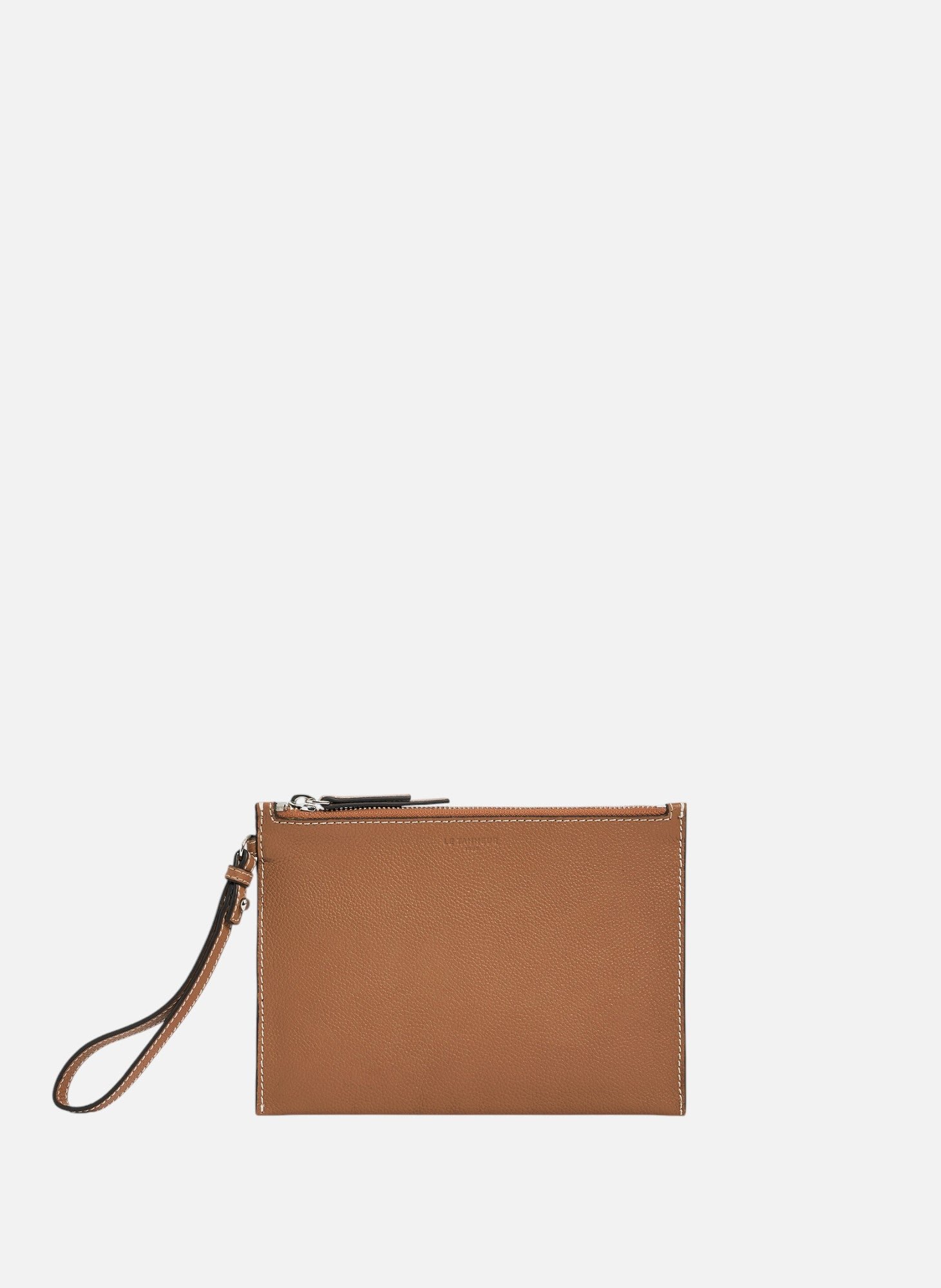 Pochette zippée avec dragonne en cuir grainé LE TANNEUR Marron