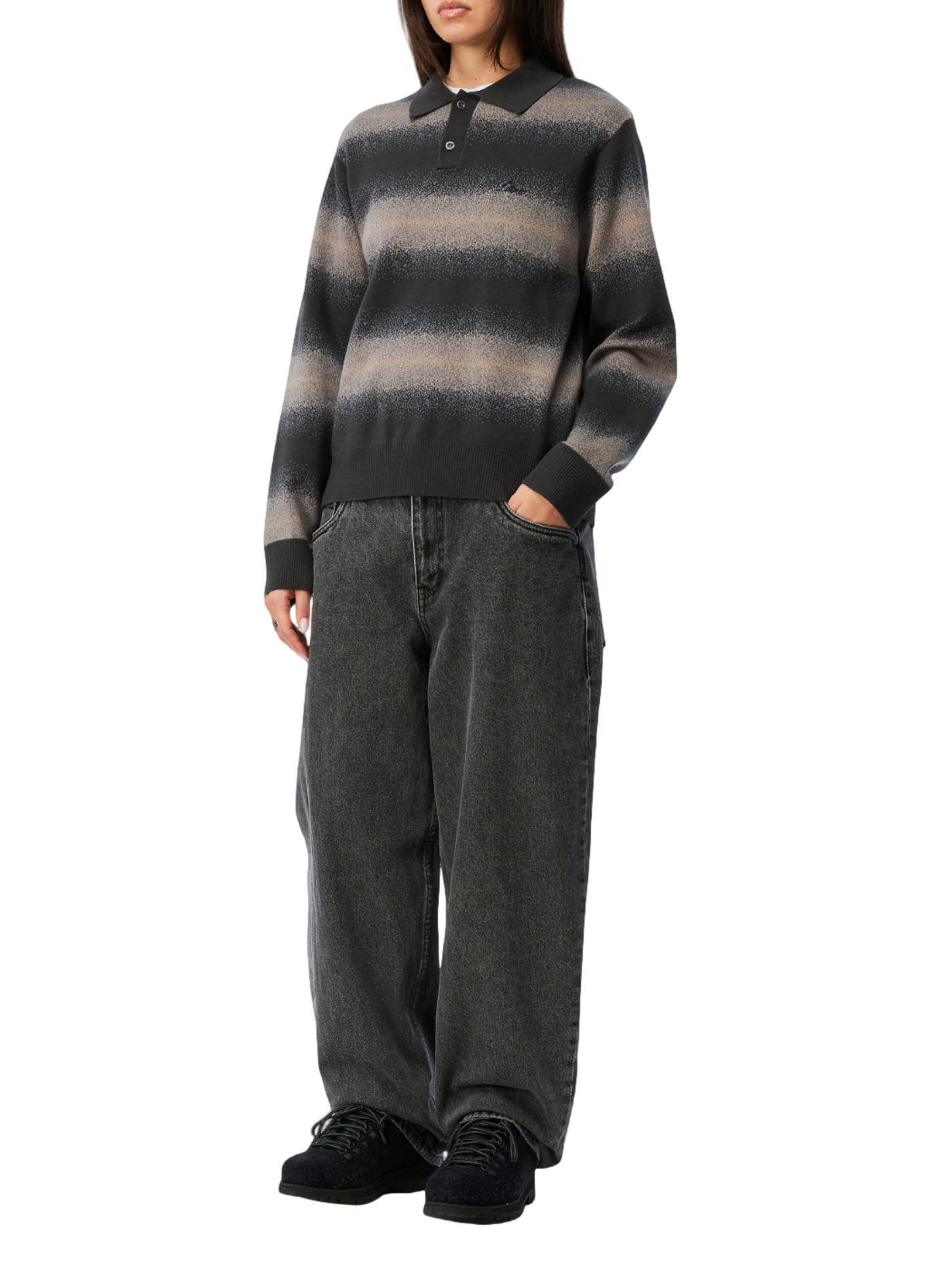 Pull rayé à col polo en coton mélangé DIME Grey