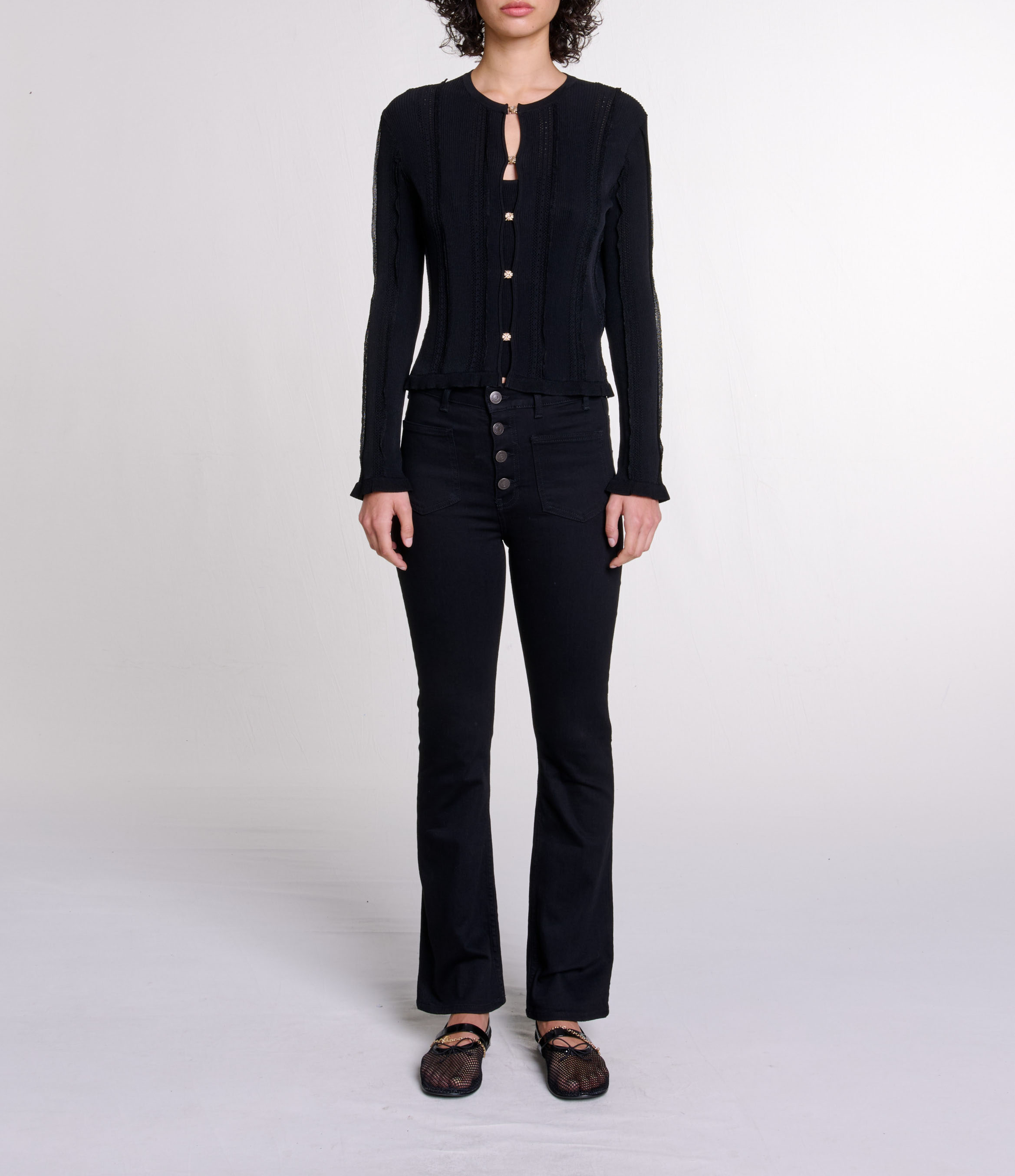 Cardigan droit col rond en maille ajourée MAJE Noir