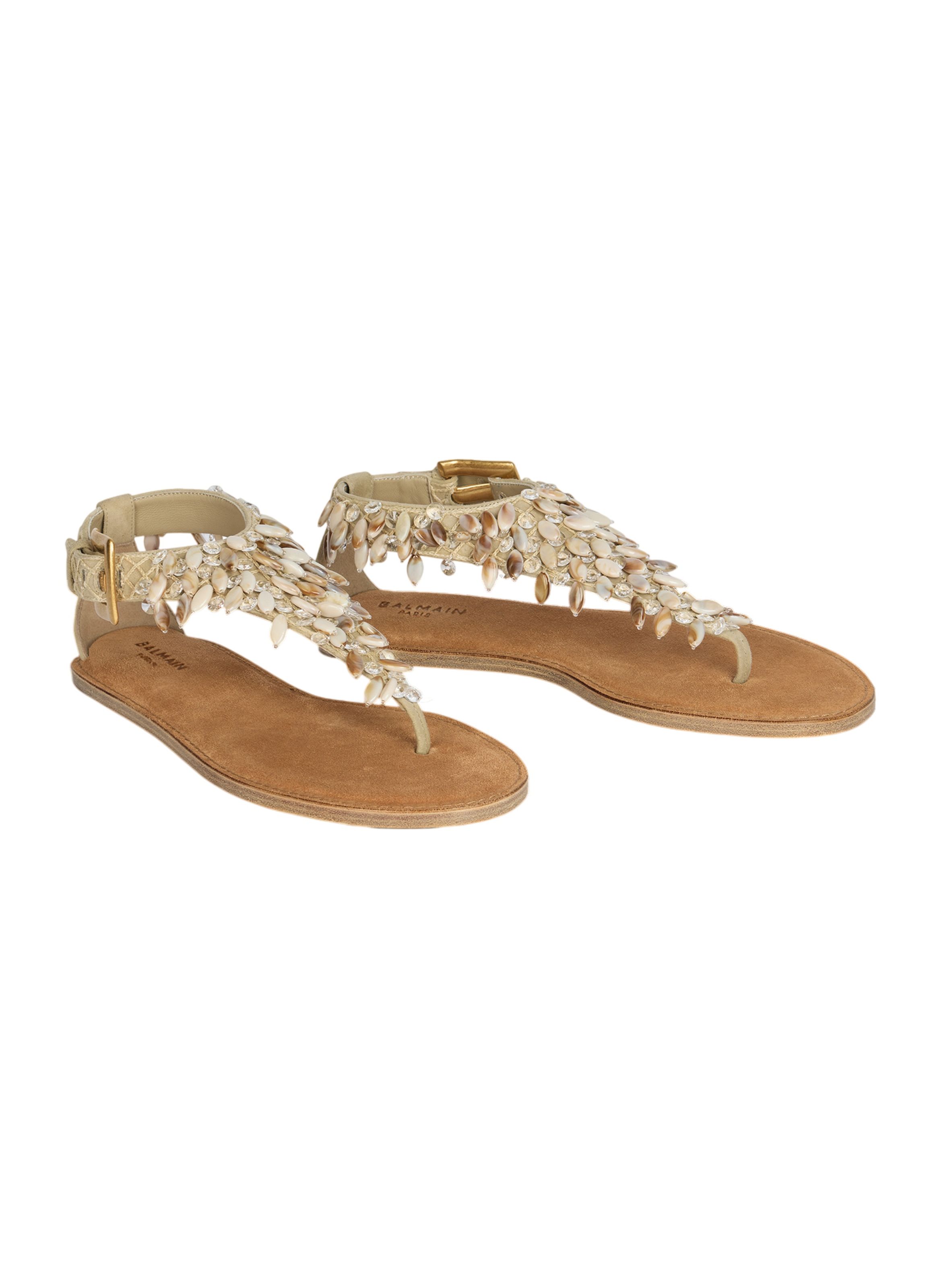 Sandales plates en cuir suédé, coton et perles BALMAIN Beige