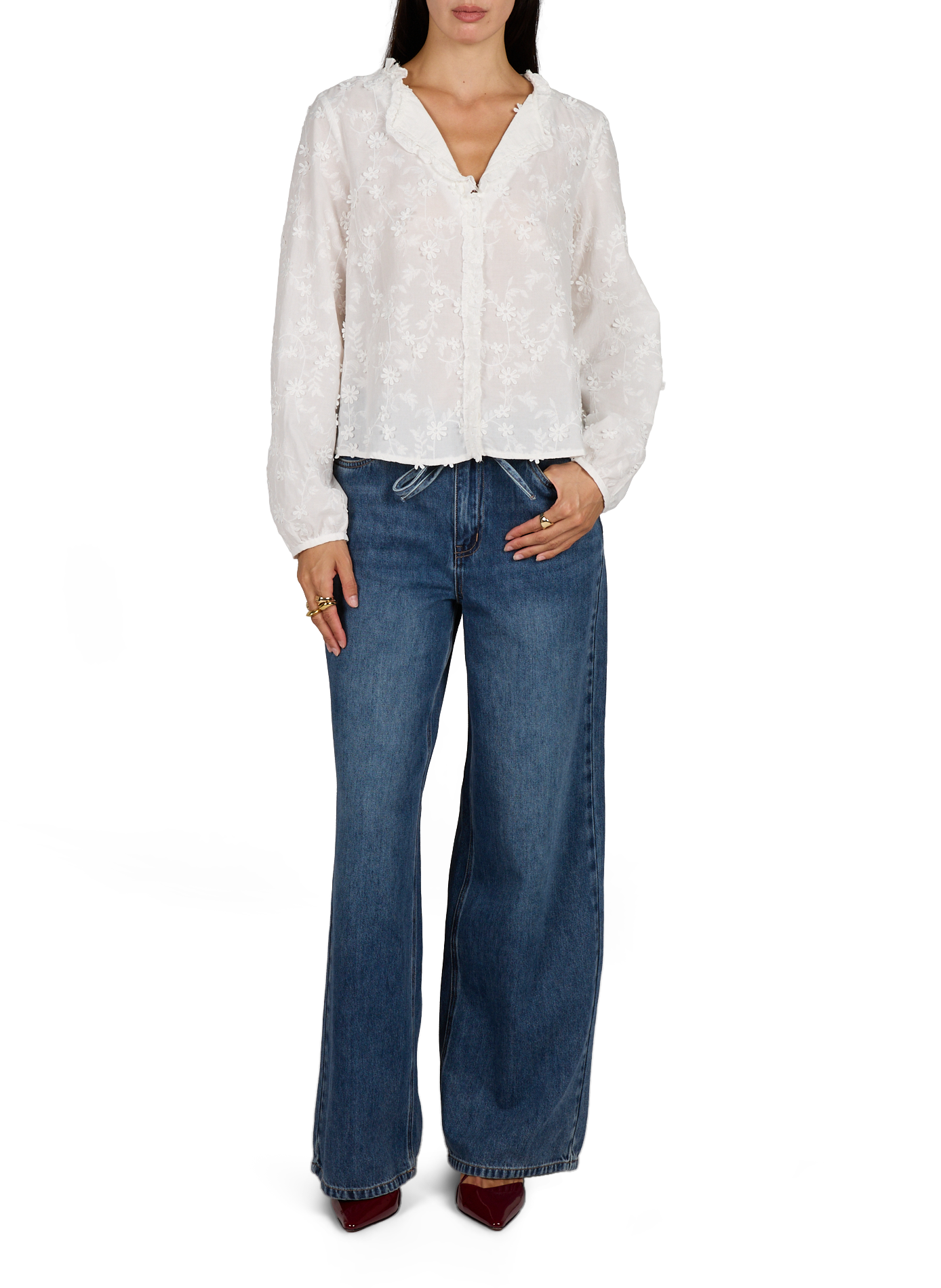 Blouse with floral embroidery in cotton OBJECT White