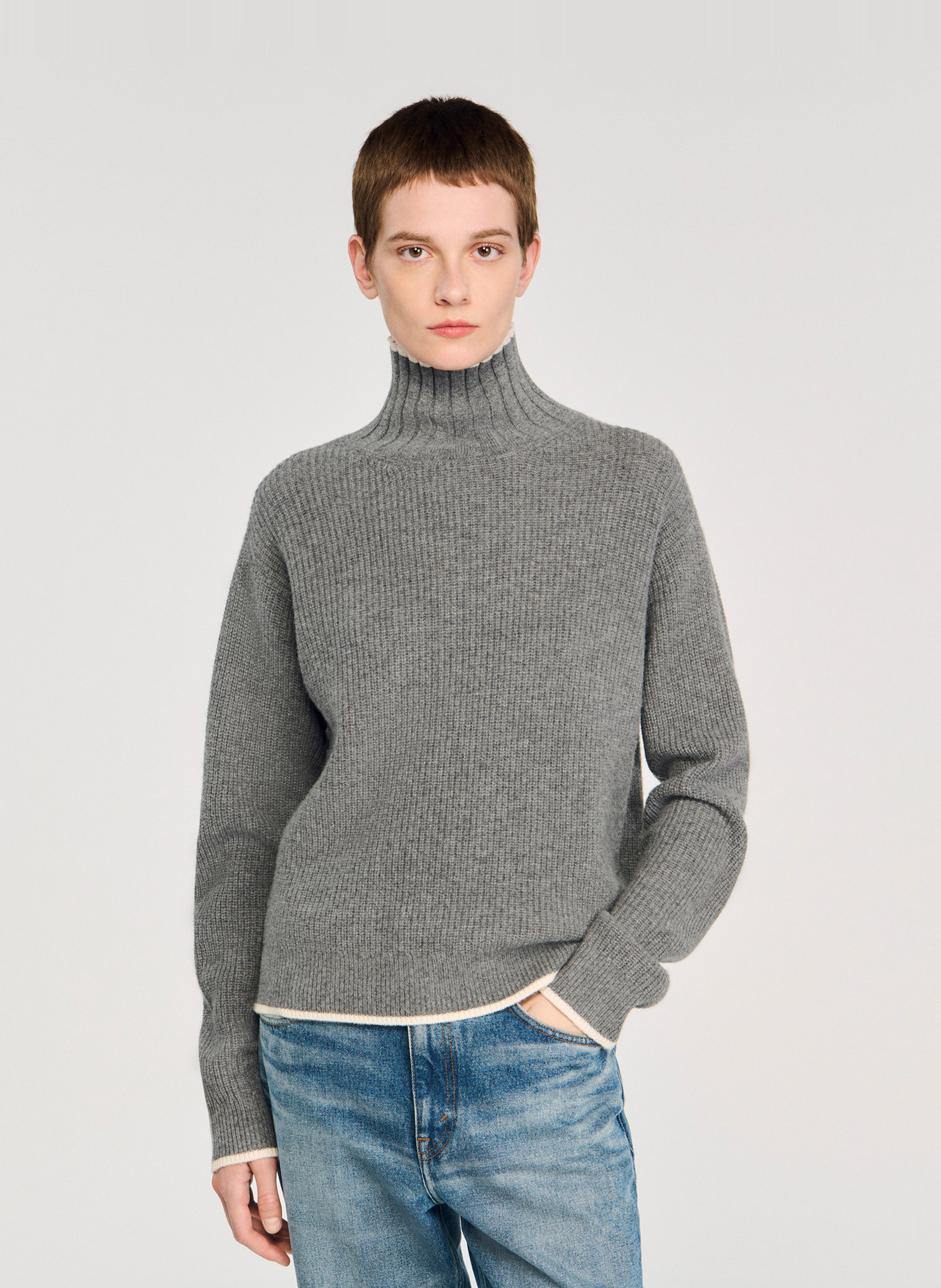 Pull col montant en laine mélangée SANDRO Gris