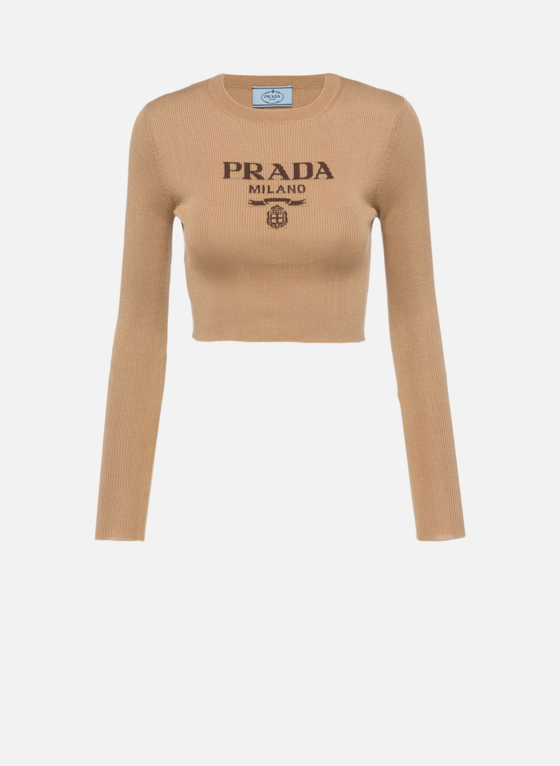 Pull court en soie avec logo PRADA Marron