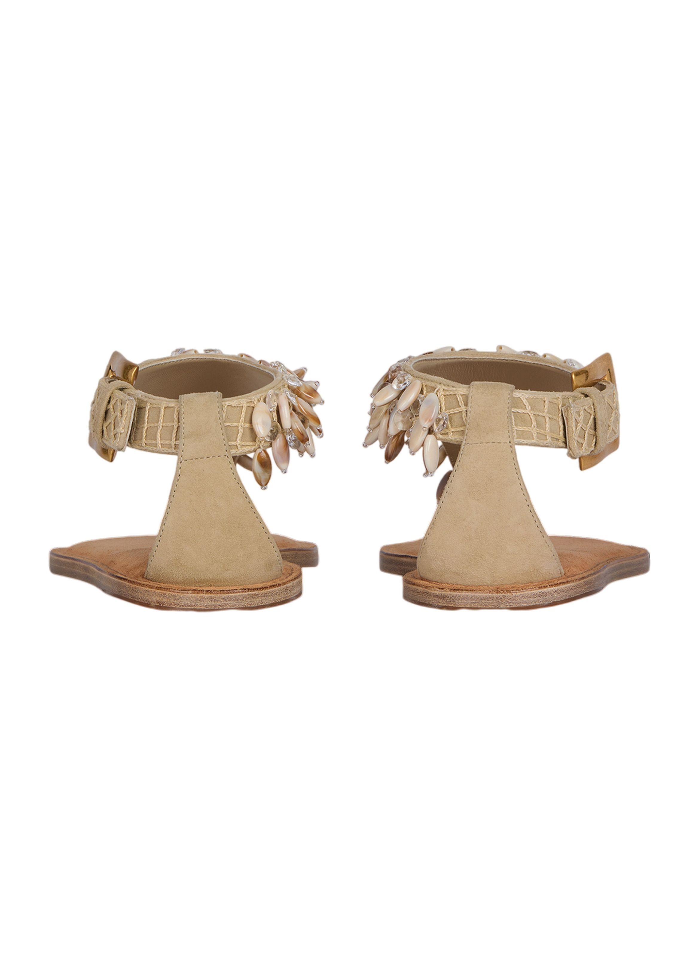 Sandales plates en cuir suédé, coton et perles BALMAIN Beige