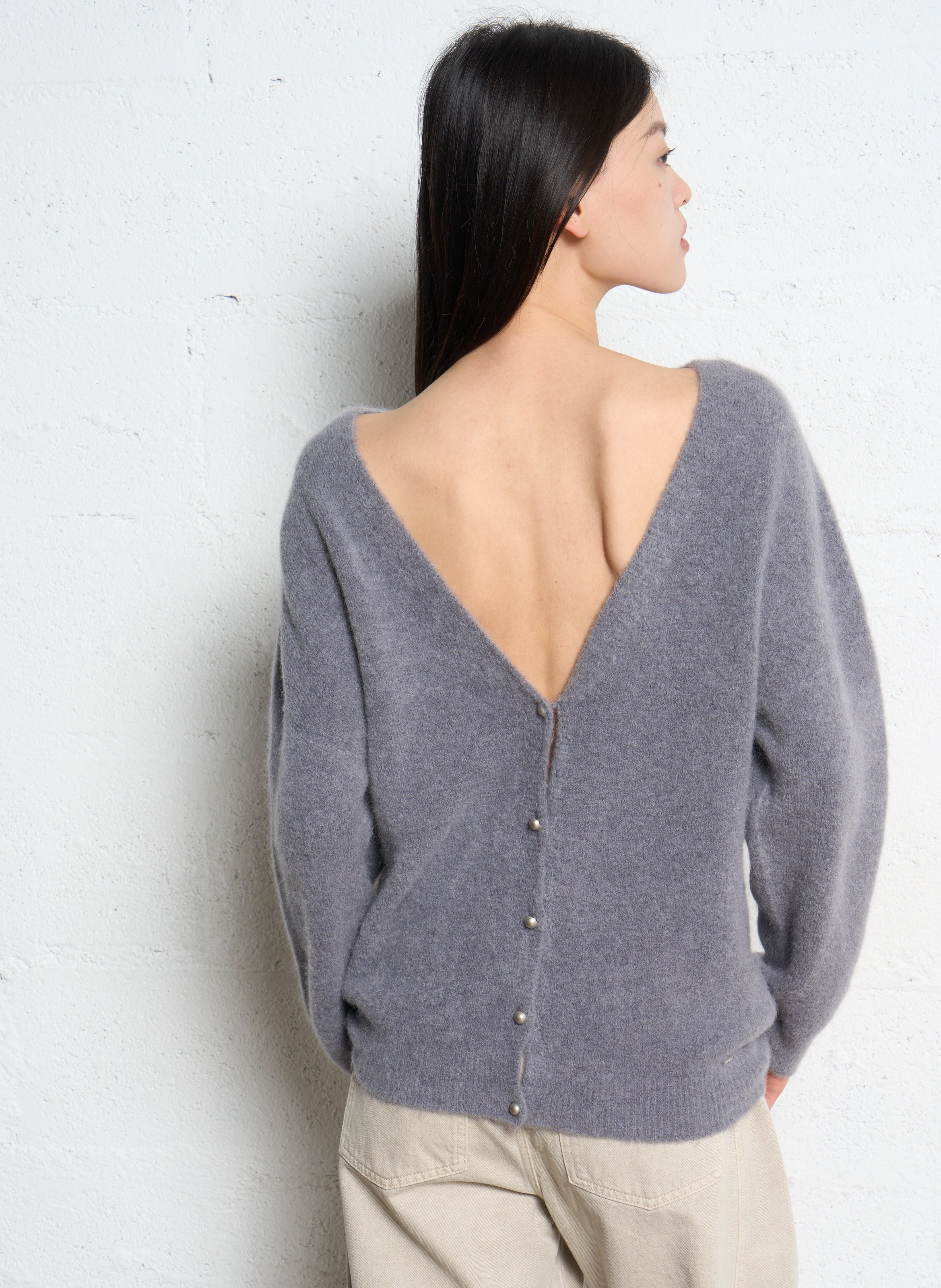 Gilet devant dos col v en laine mélangée IKKS Gris