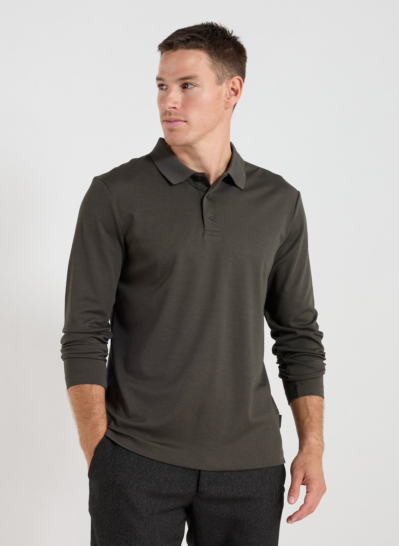 STRELLSON Long-sleeve cotton blend polo shirt Khaki