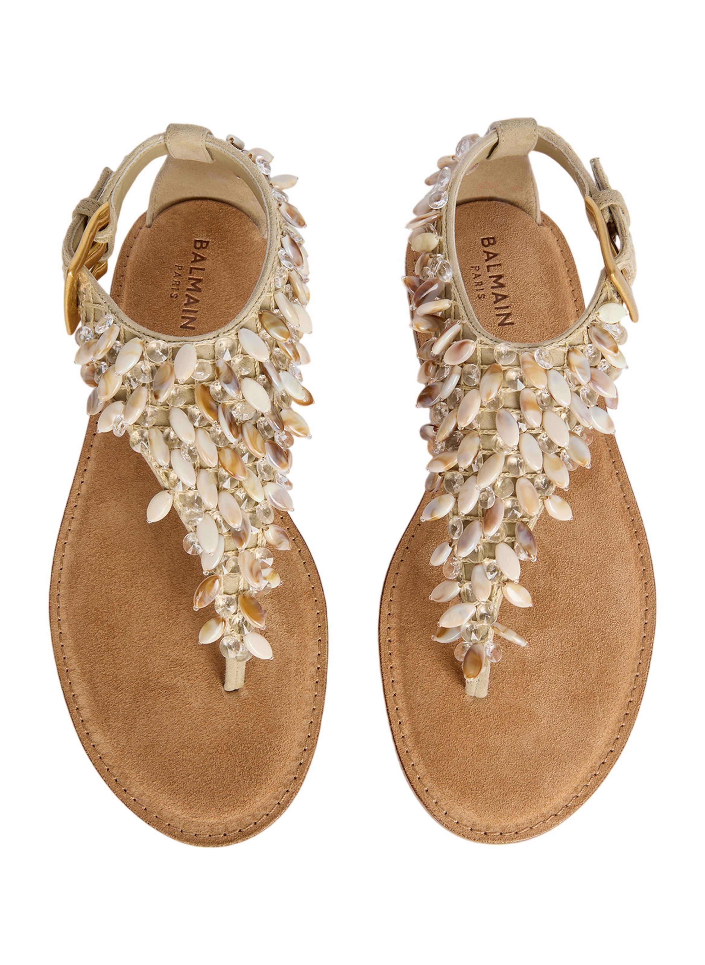 Sandales plates en cuir suédé, coton et perles BALMAIN Beige