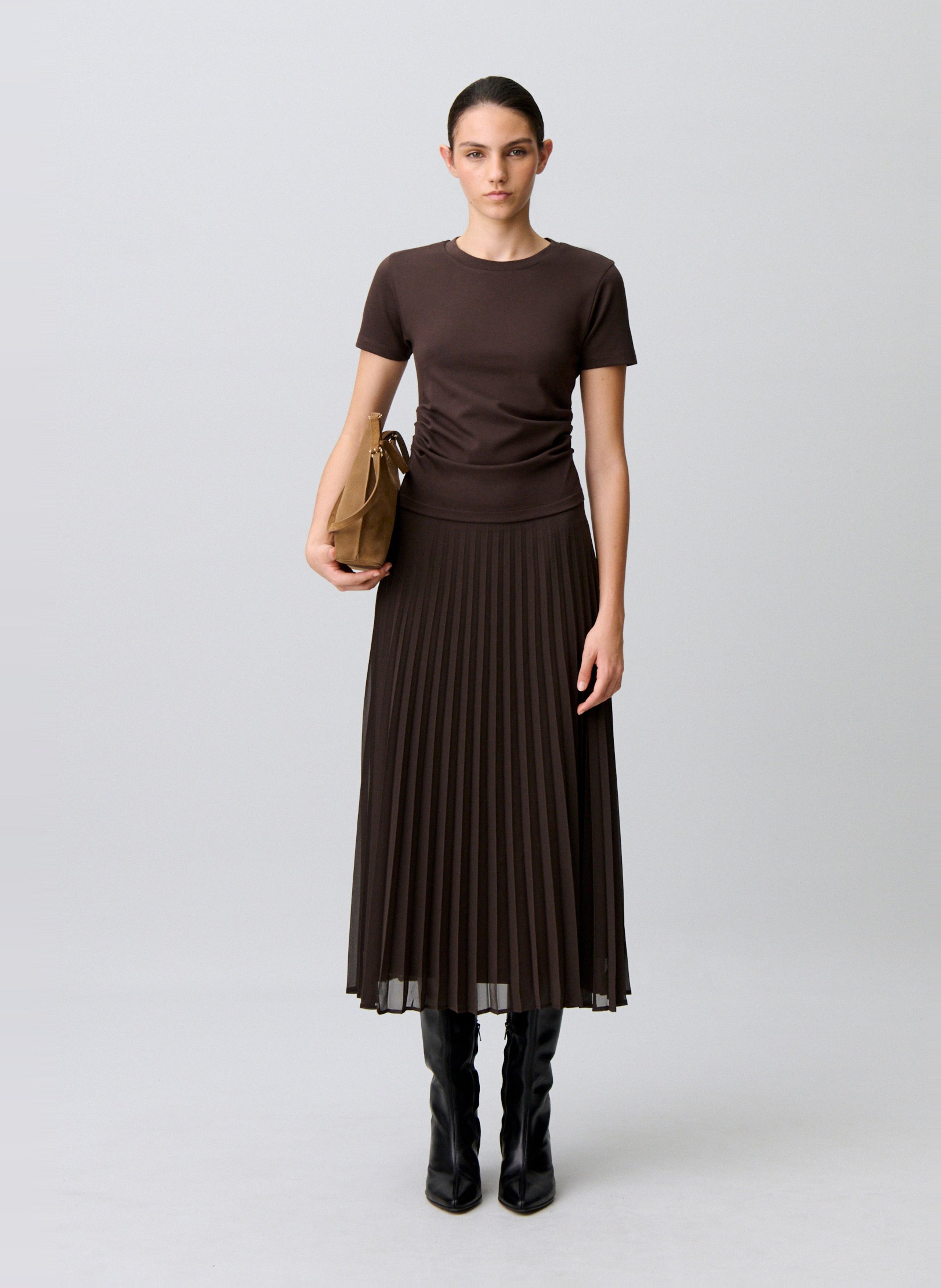 Robe longue col rond plissée | Marron CLAUDIE PIERLOT Femme
