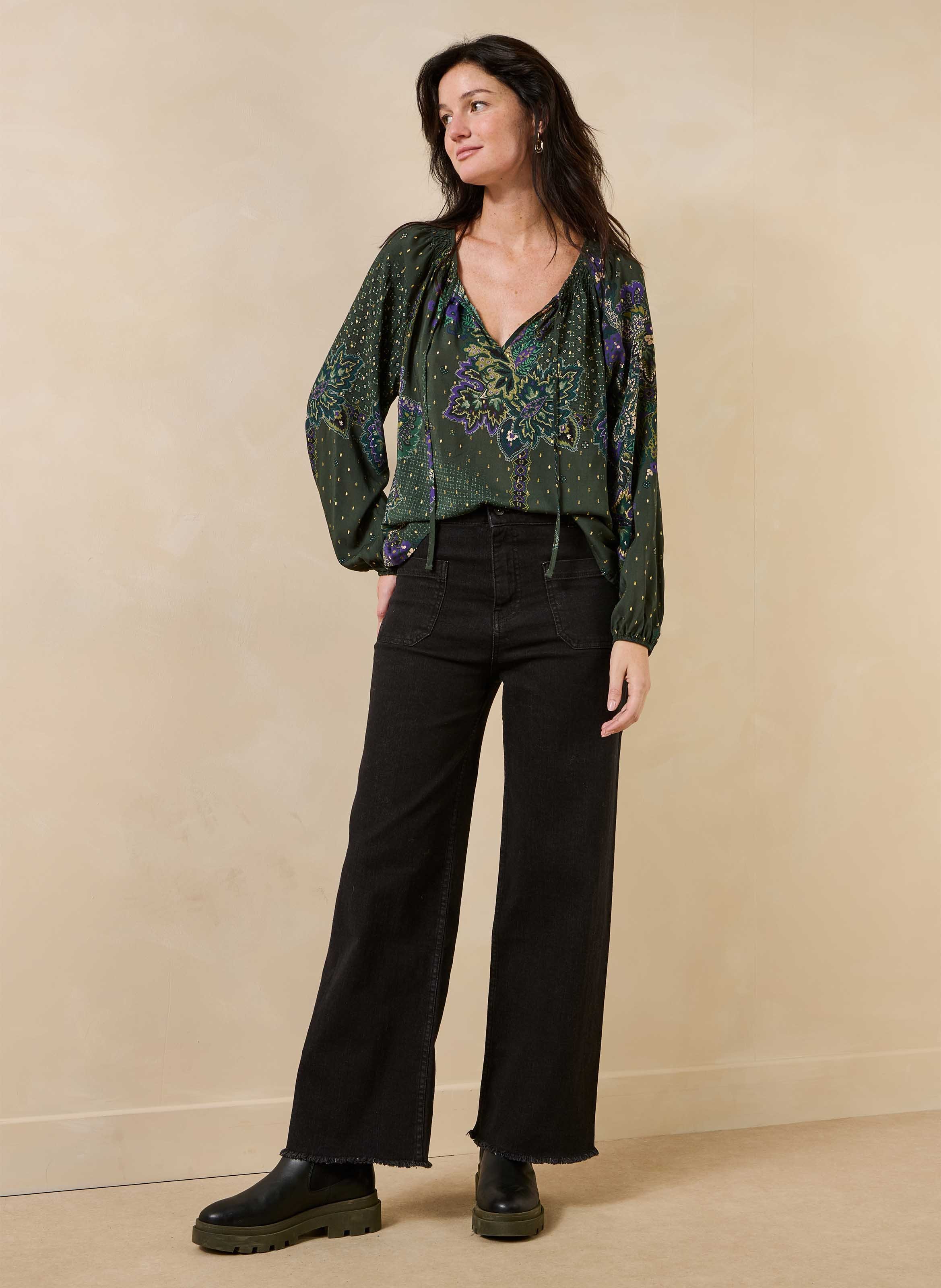 Geprinte blouse met Tunesische hals LA FEE MARABOUTEE Groen