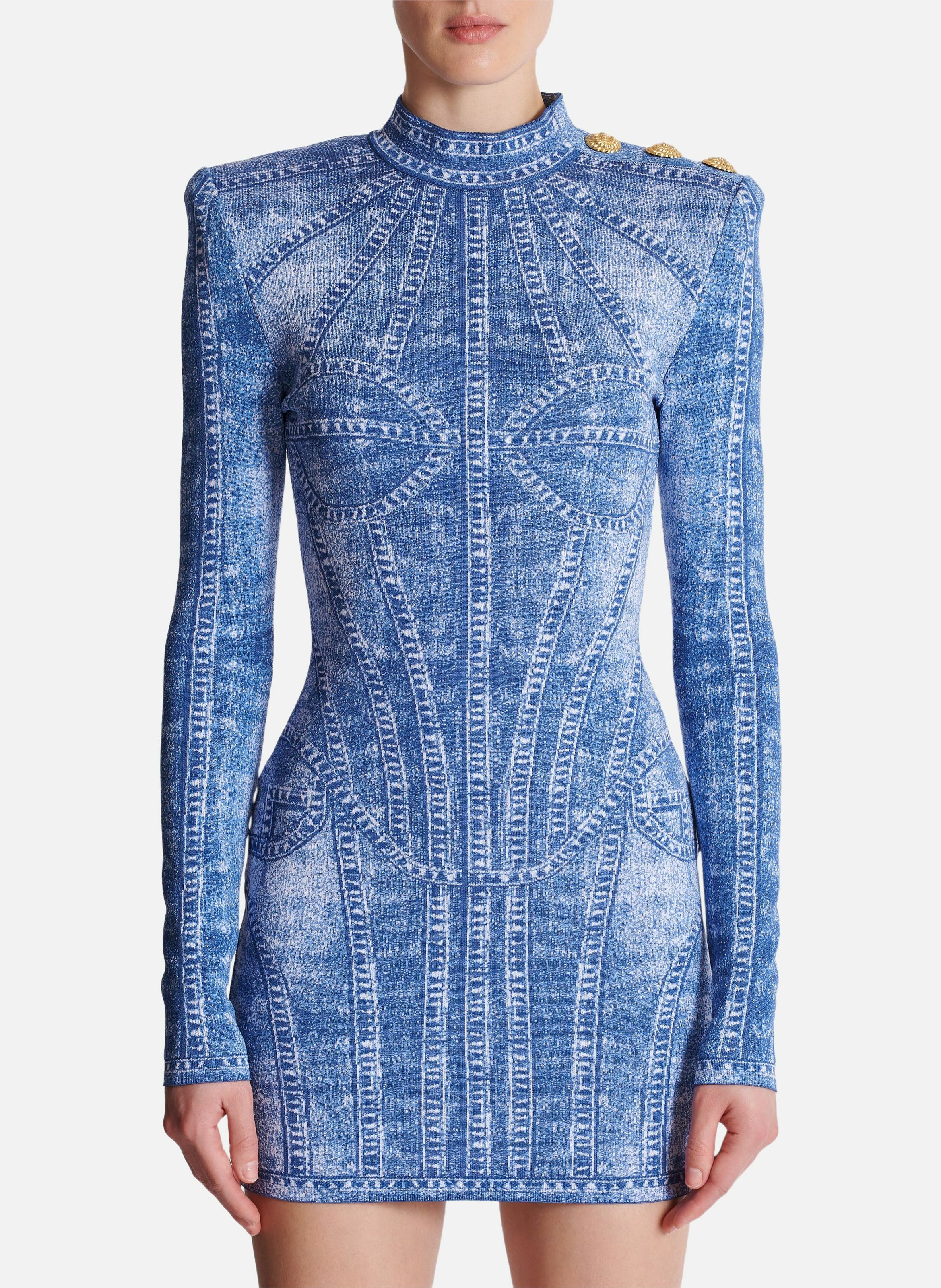 Robe courte en maille jacquard avec trompe-l'œil denim BALMAIN Bleu