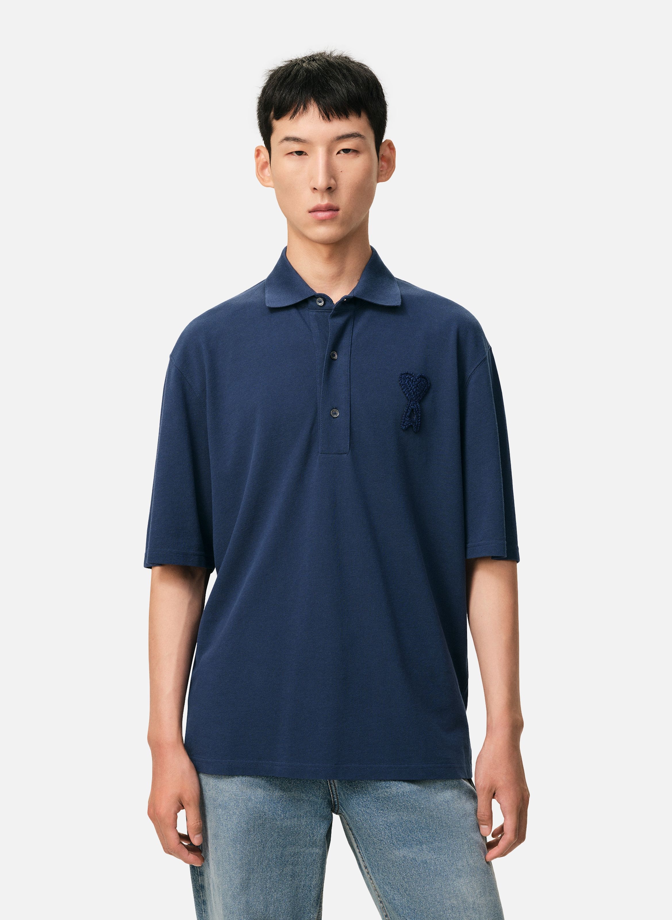 Polo ami de coeur crochet en coton unisexe AMI PARIS Bleu