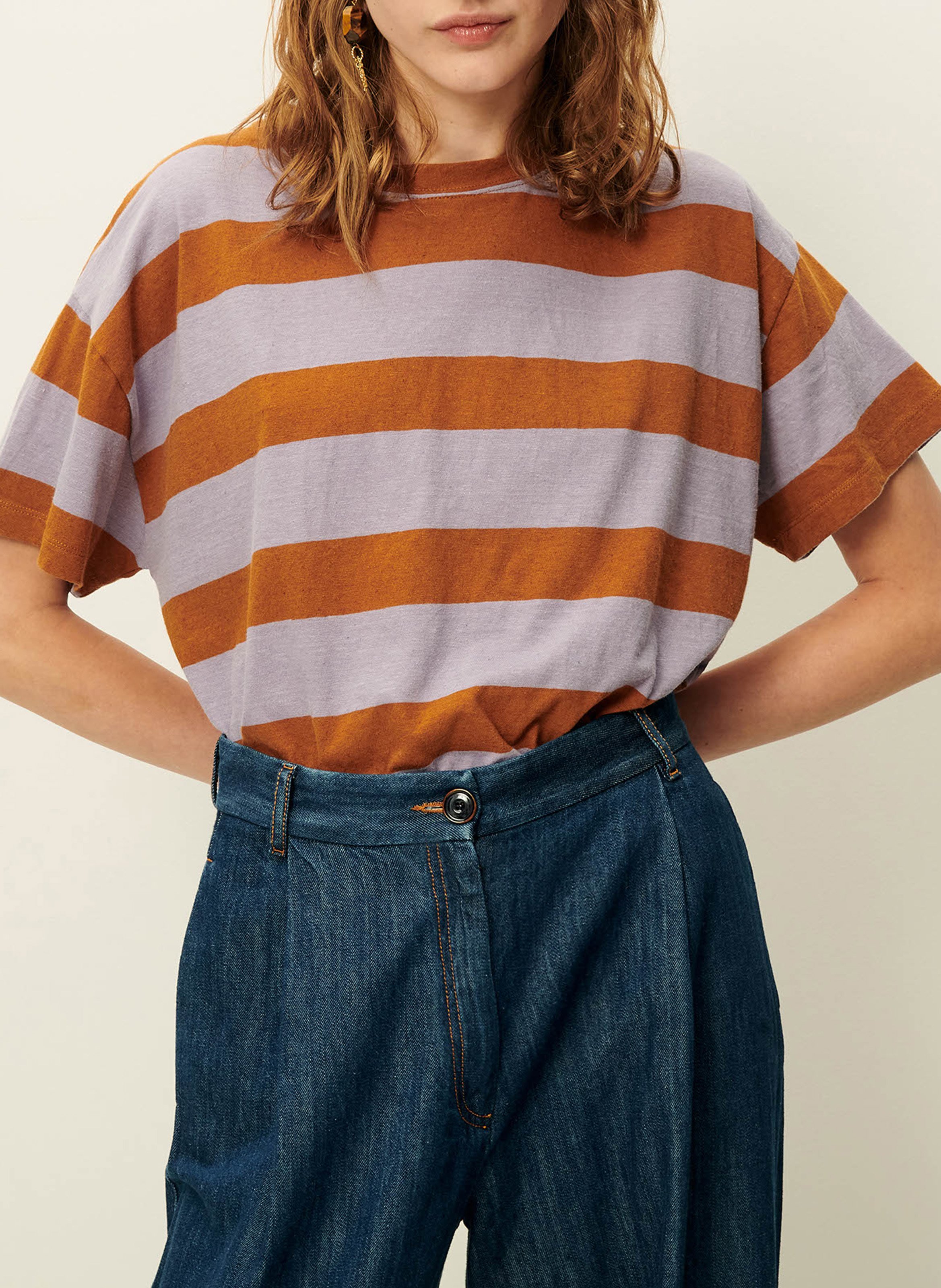 Tee-shirt ample col rond en coton mélangé rayé tooli SESSUN Violet