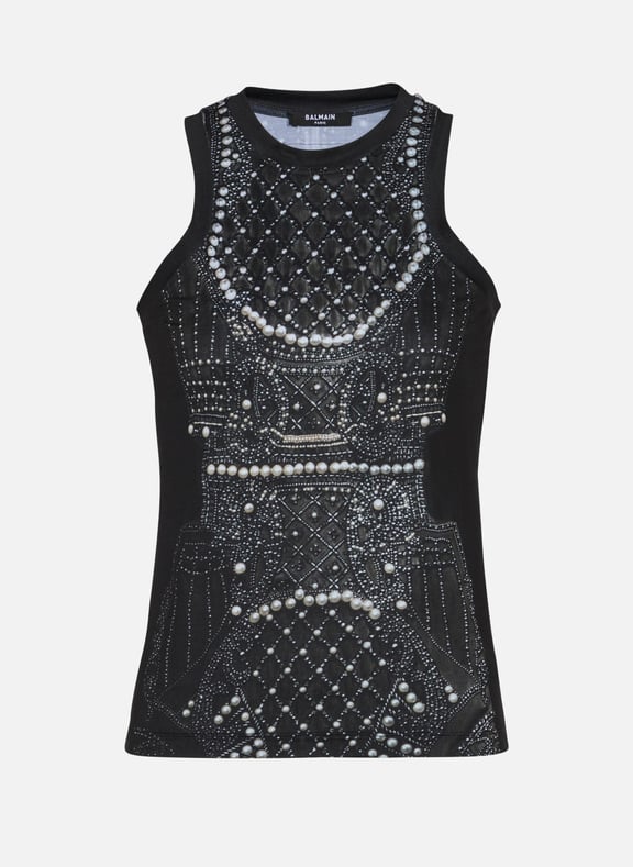 Débardeur fluide imprimé trompe-l'œil broderie Noir by BALMAIN BALMAIN Débardeur fluide imprimé trompe-l'œil broderie Noir