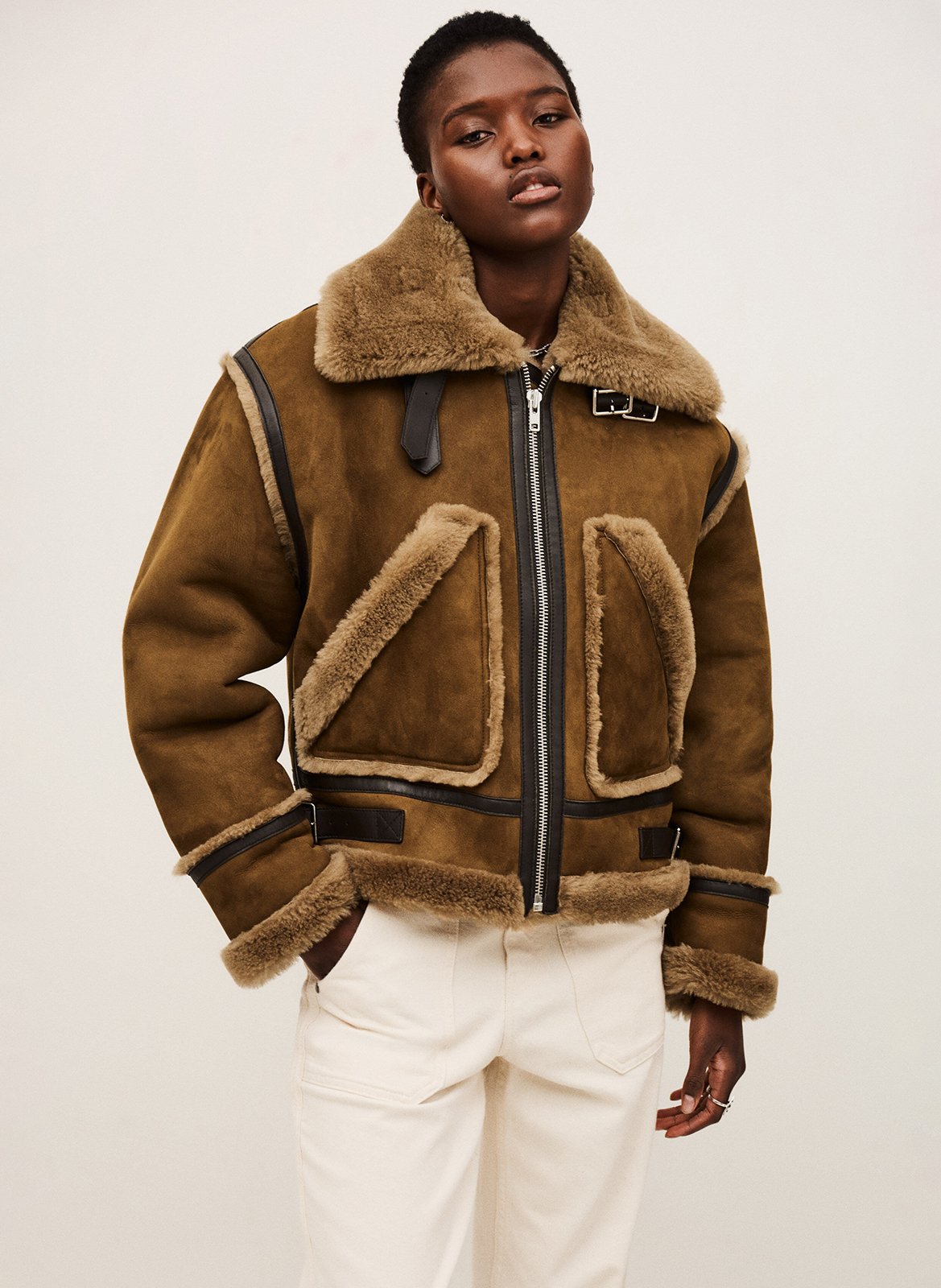 Veste droite col rabattu en cuir velours duli BA&SH Marron