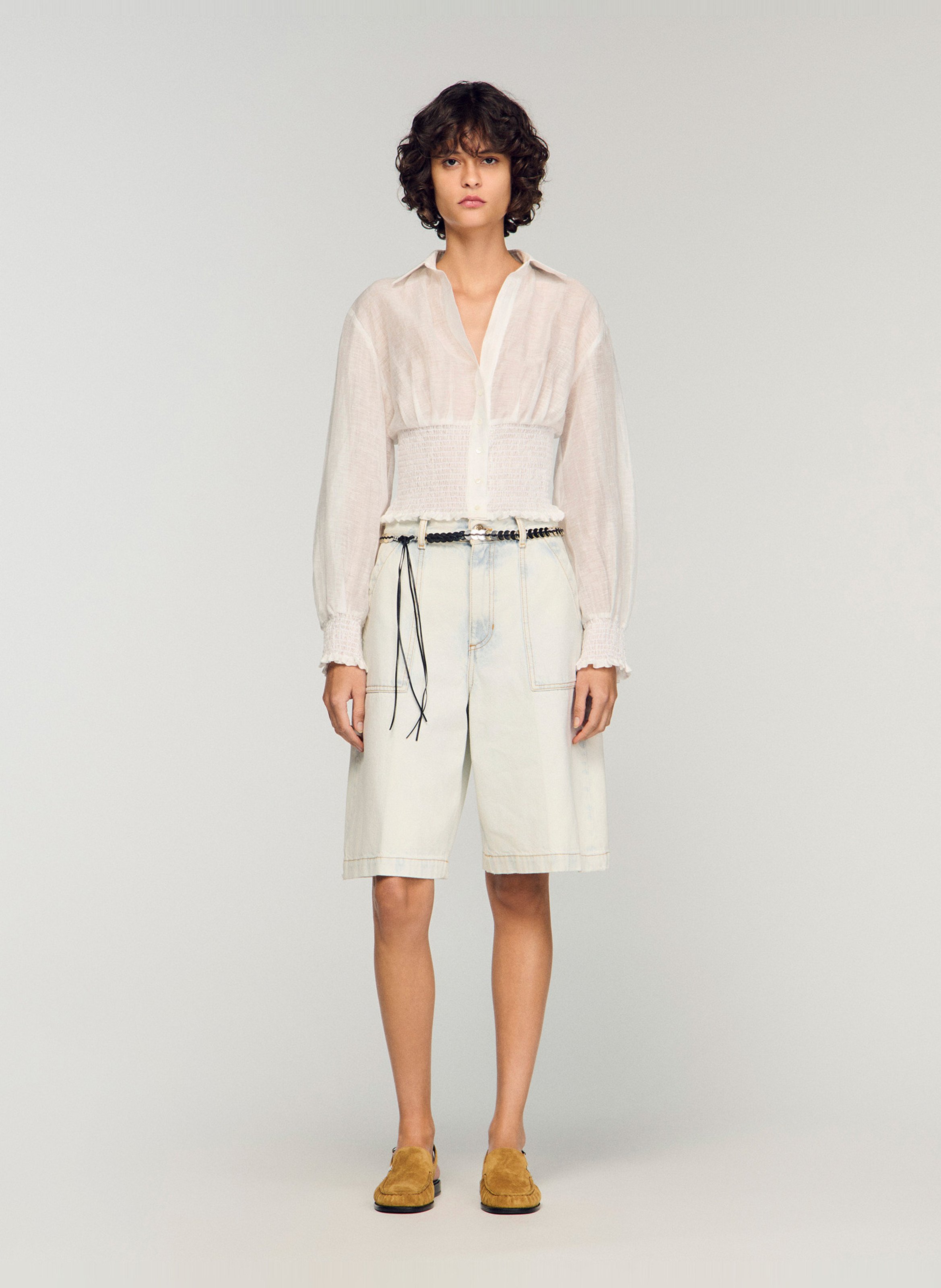 Chemise cintrée courte en lin mélangé SANDRO Blanc