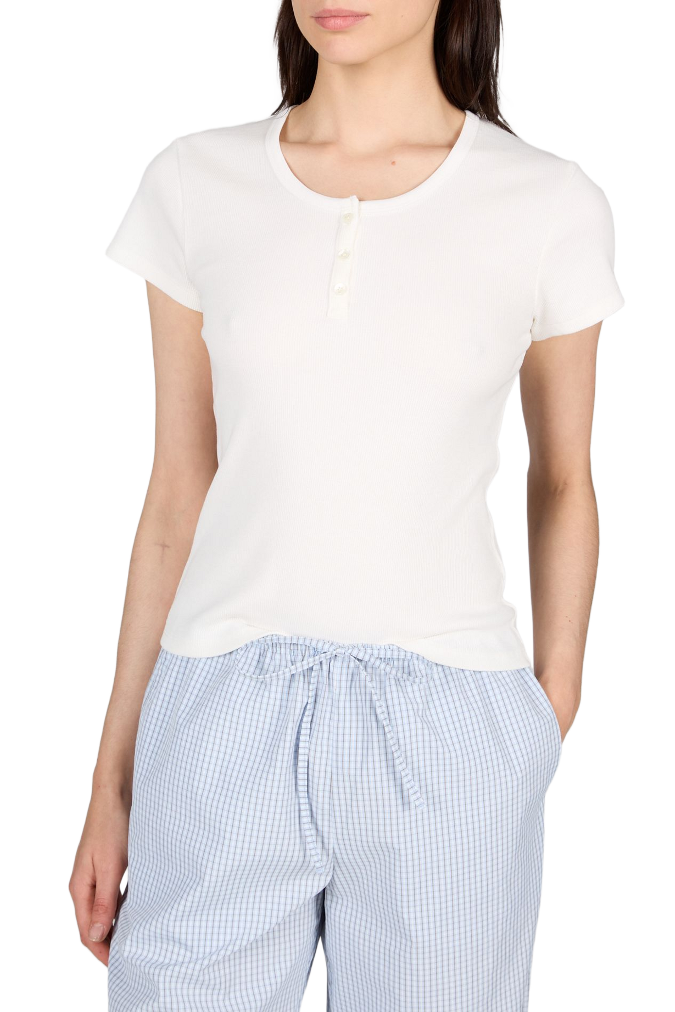 Ribbed buttoned round neck top in blended cotton DUNST White