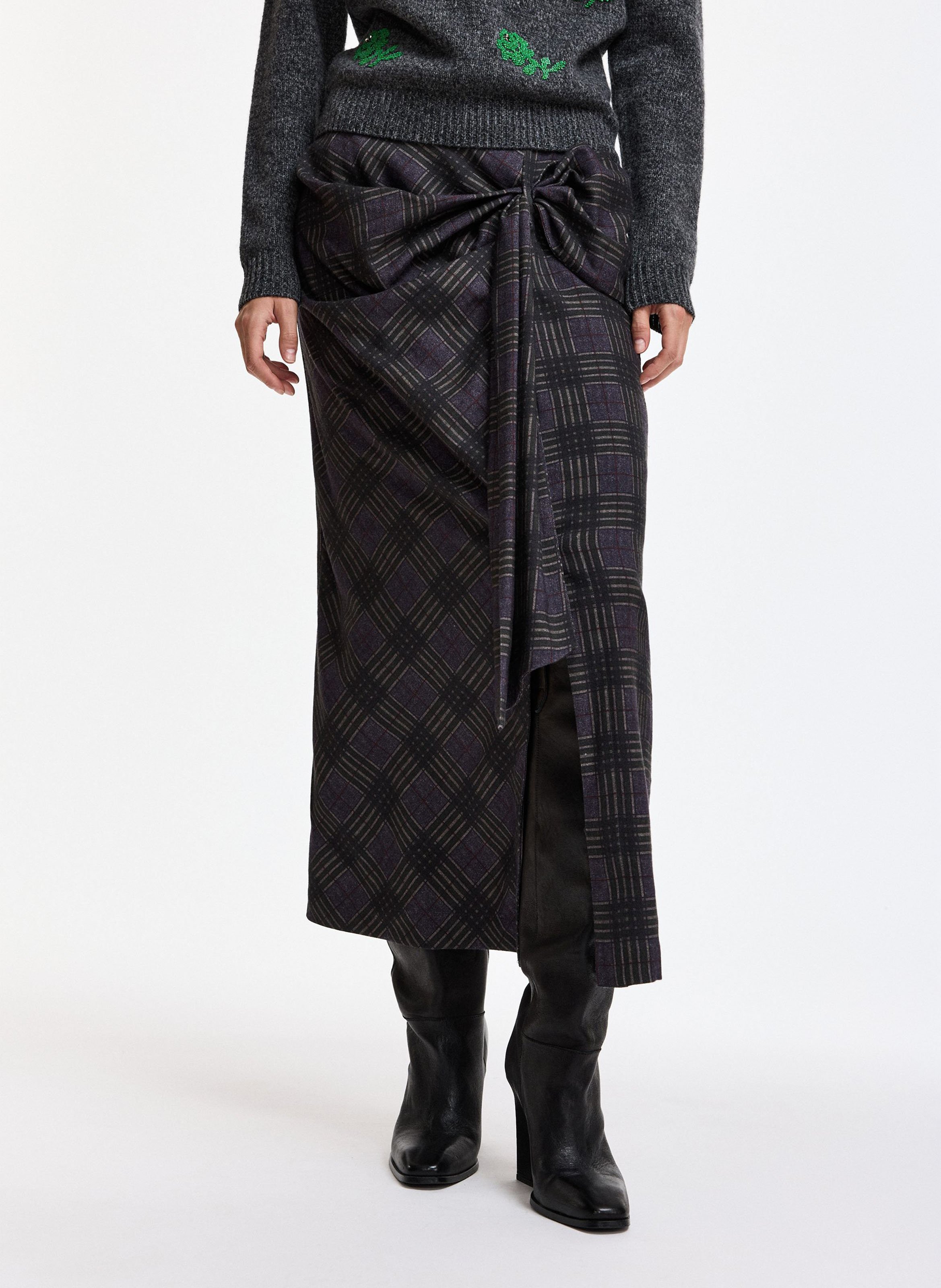 Jupe midi drapée à carreaux en coton mélangé karm ESSENTIEL ANTWERP Gris