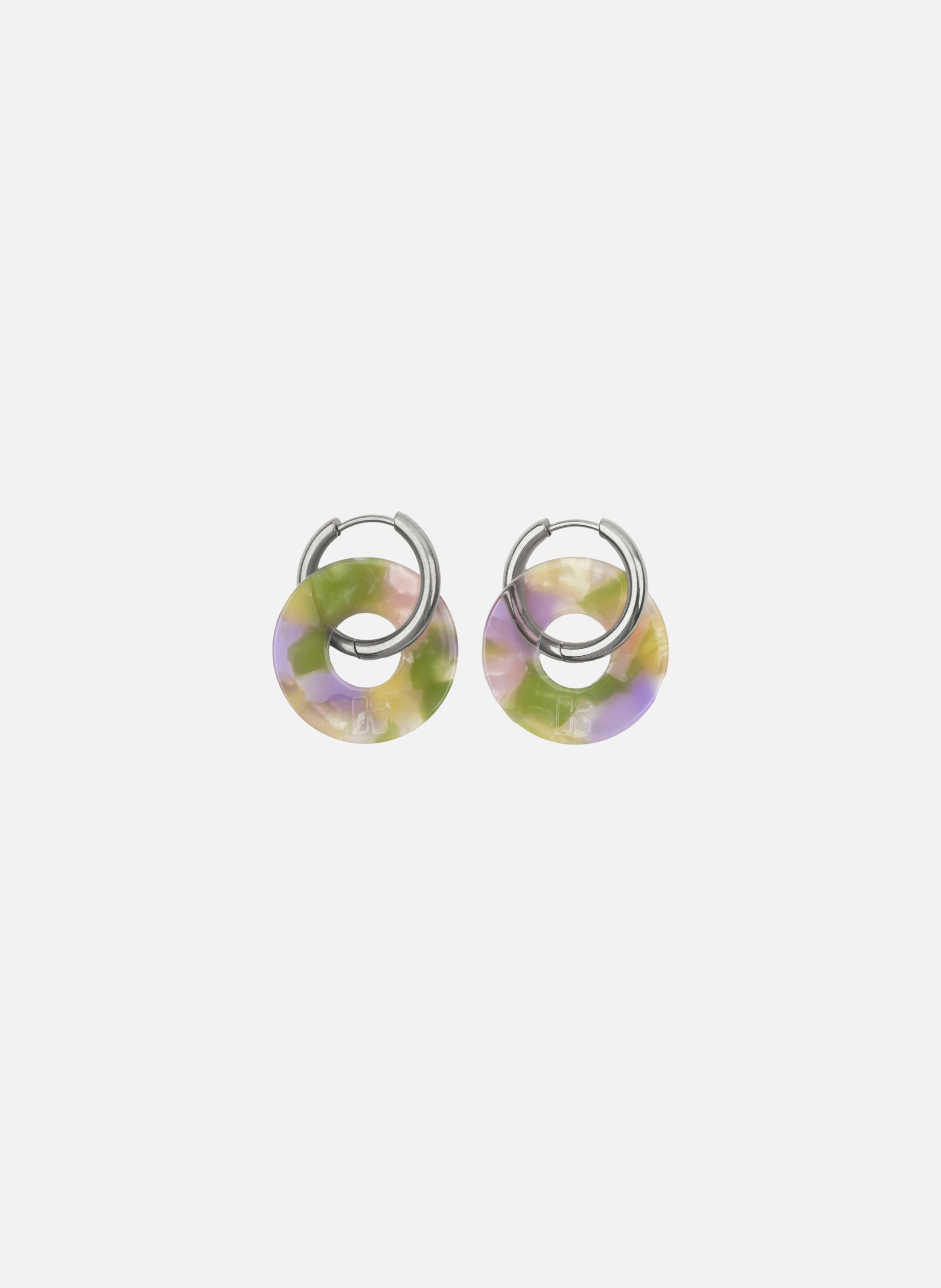 Boucles d'oreilles donuts avec anneaux en acier inoxydable argenté  Vert et lavande