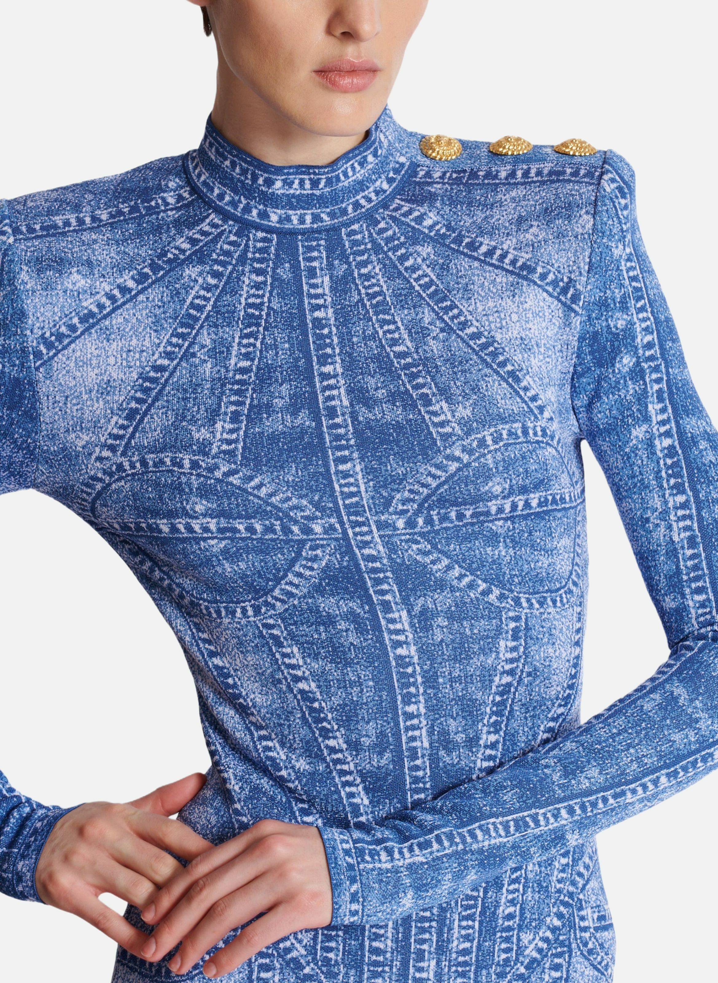 Robe courte en maille jacquard avec trompe-l'œil denim BALMAIN Bleu