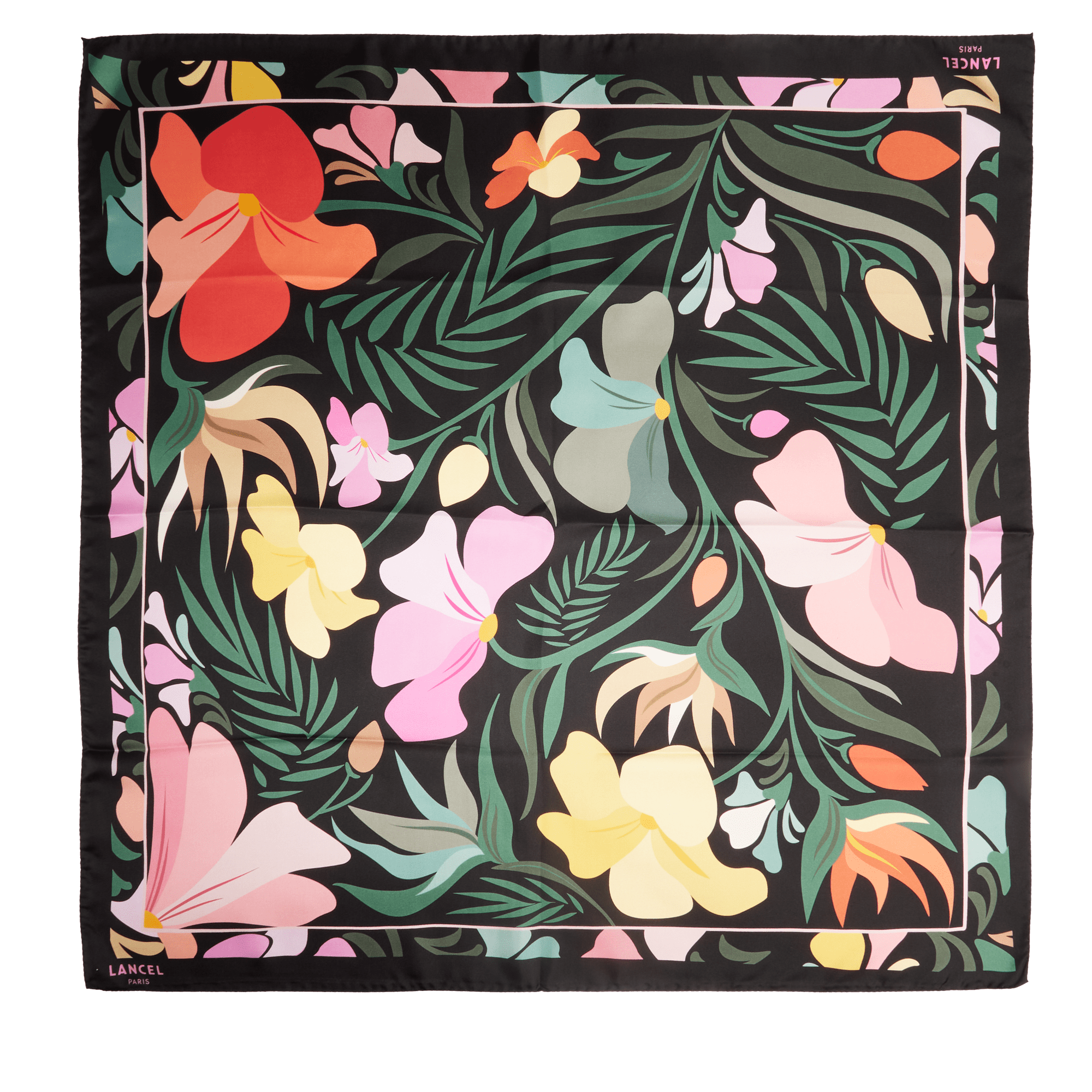Carré de soie 90 cm motif rêve de fleurs en soie LANCEL Noir