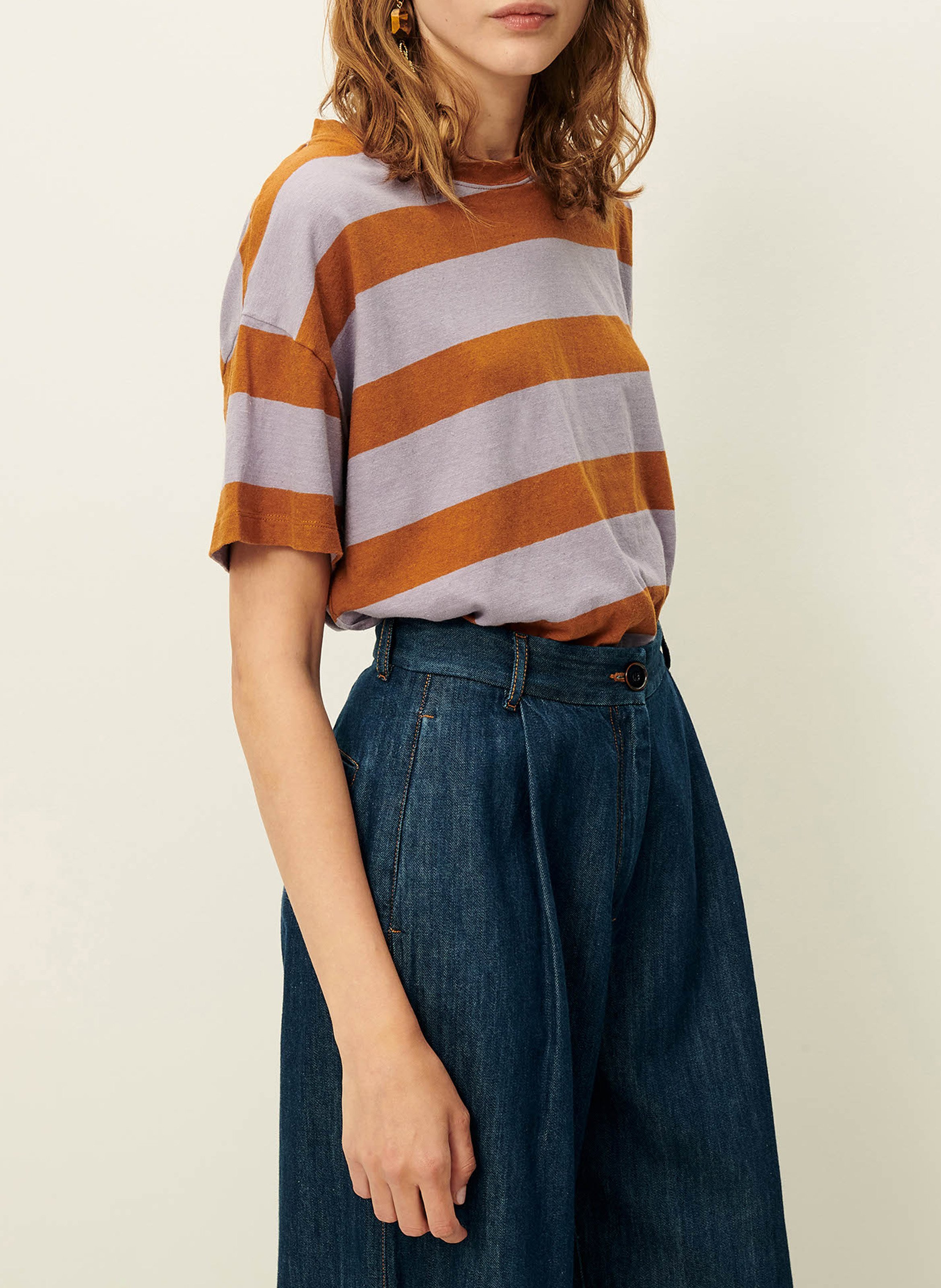 Tee-shirt ample col rond en coton mélangé rayé tooli SESSUN Violet