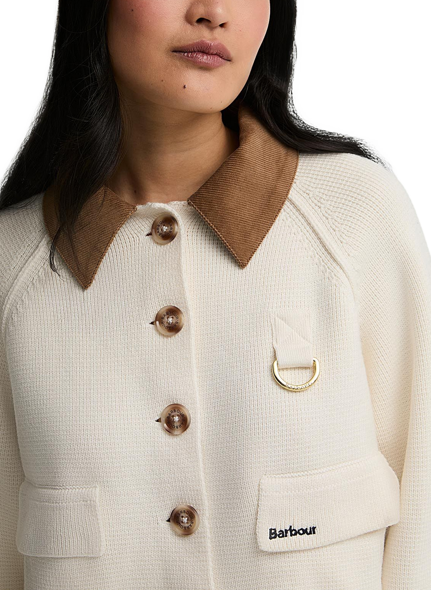 Cardigan côtelé en coton et laine mérinos BARBOUR Beige