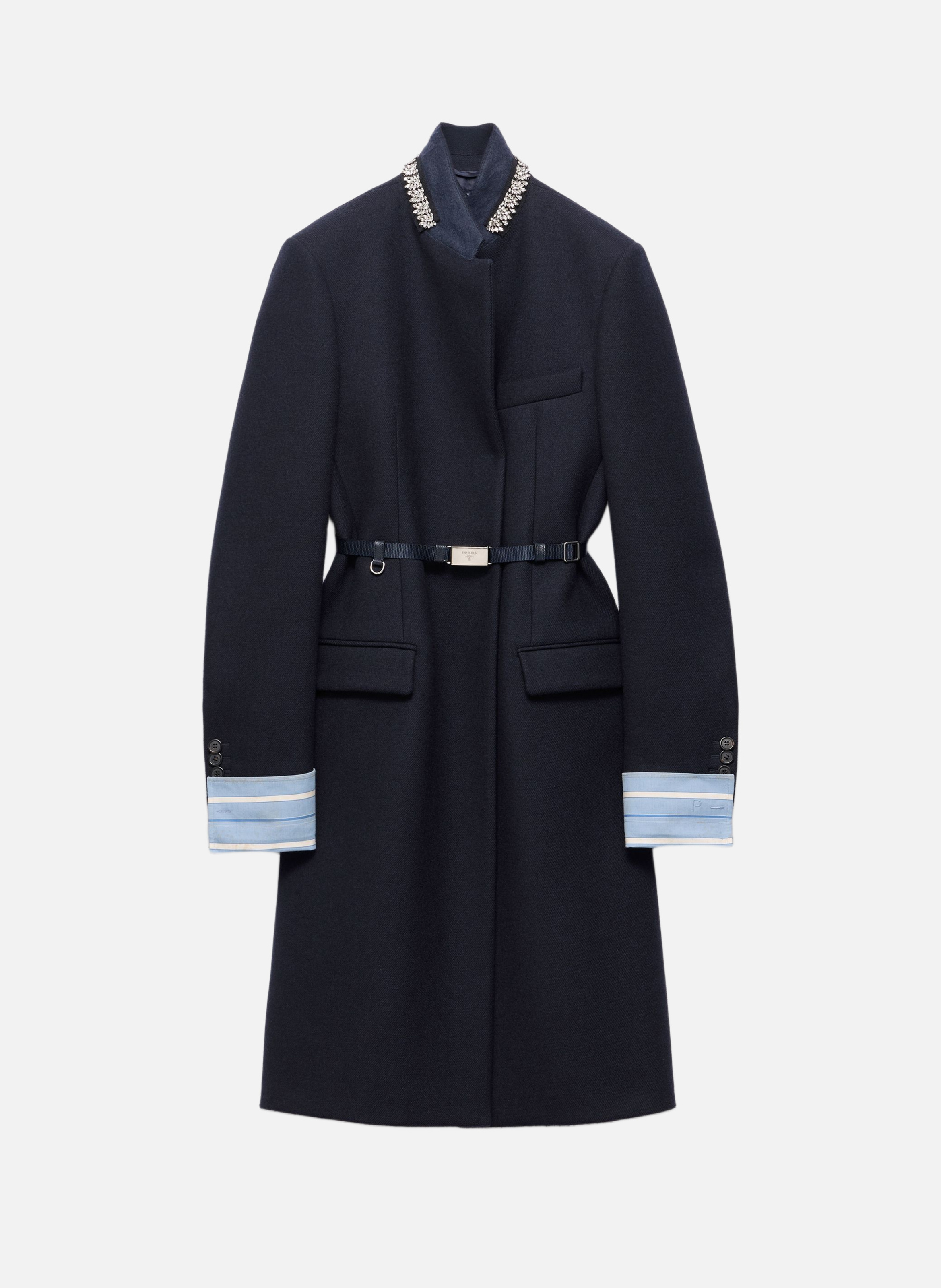 Manteau droit en double laine brodée PRADA Bleu