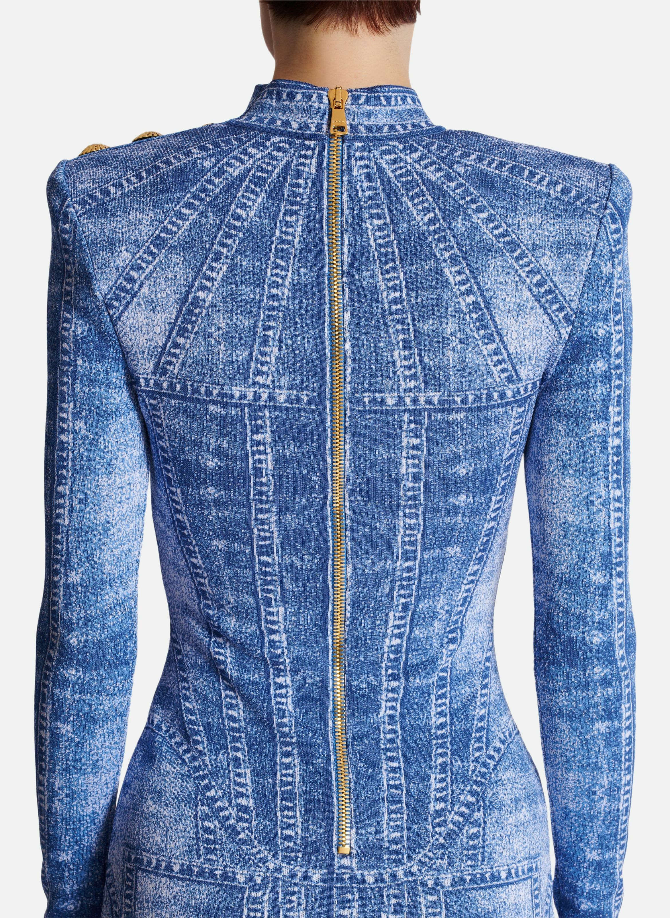 Robe courte en maille jacquard avec trompe-l'œil denim BALMAIN Bleu