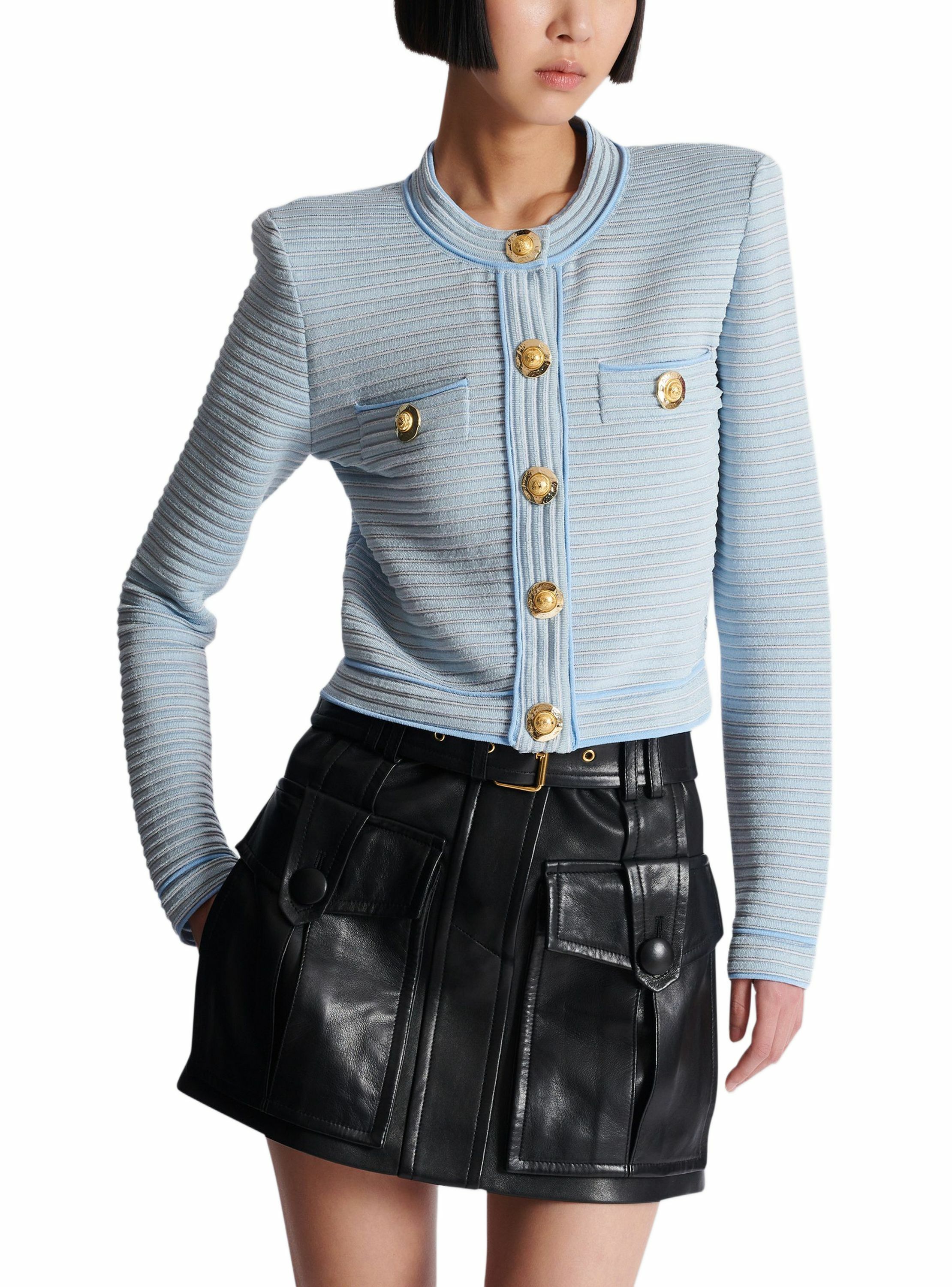 Cardigan à manches longues en maille reliefée BALMAIN Bleu