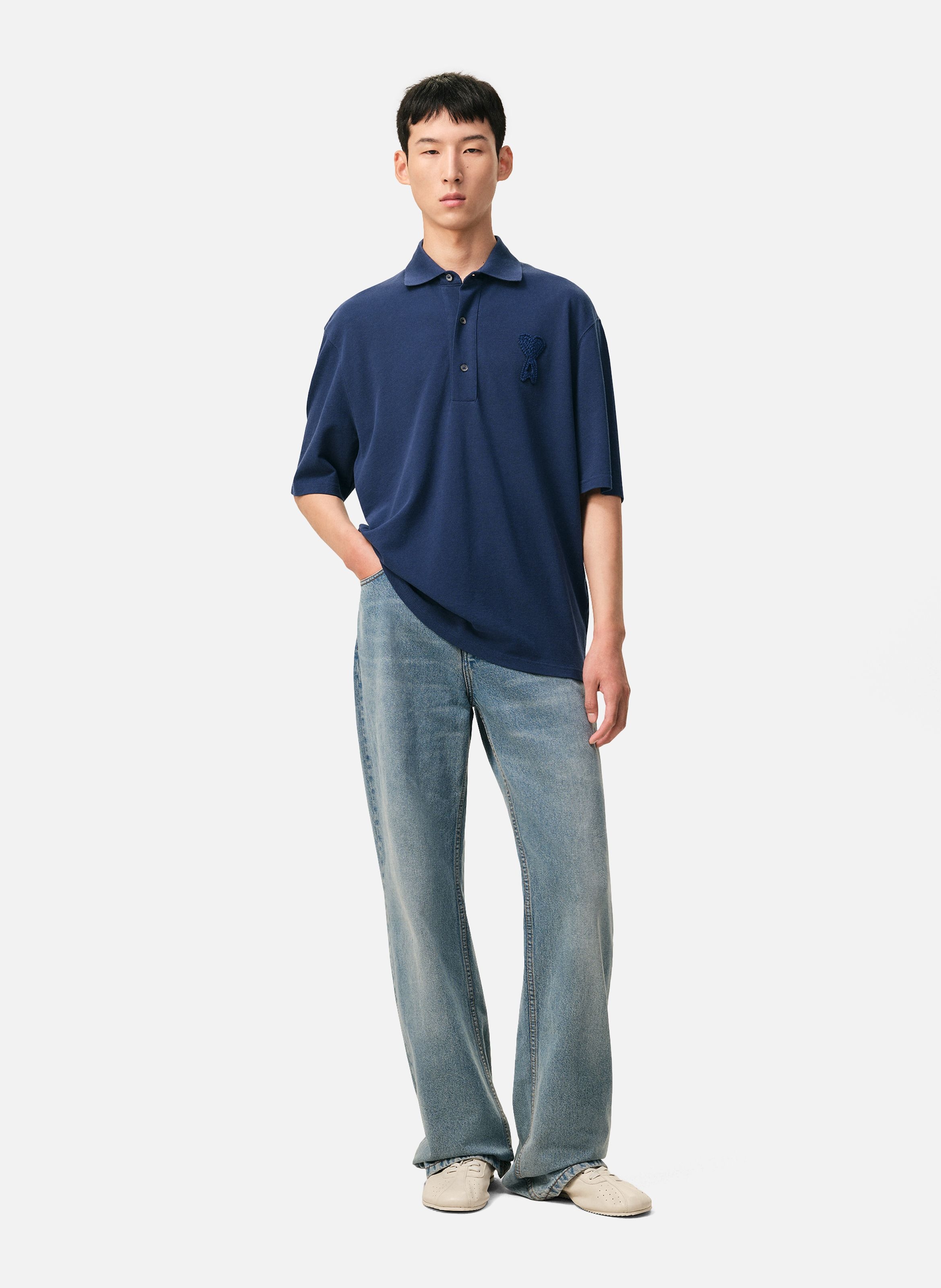 Polo ami de coeur crochet en coton unisexe AMI PARIS Bleu