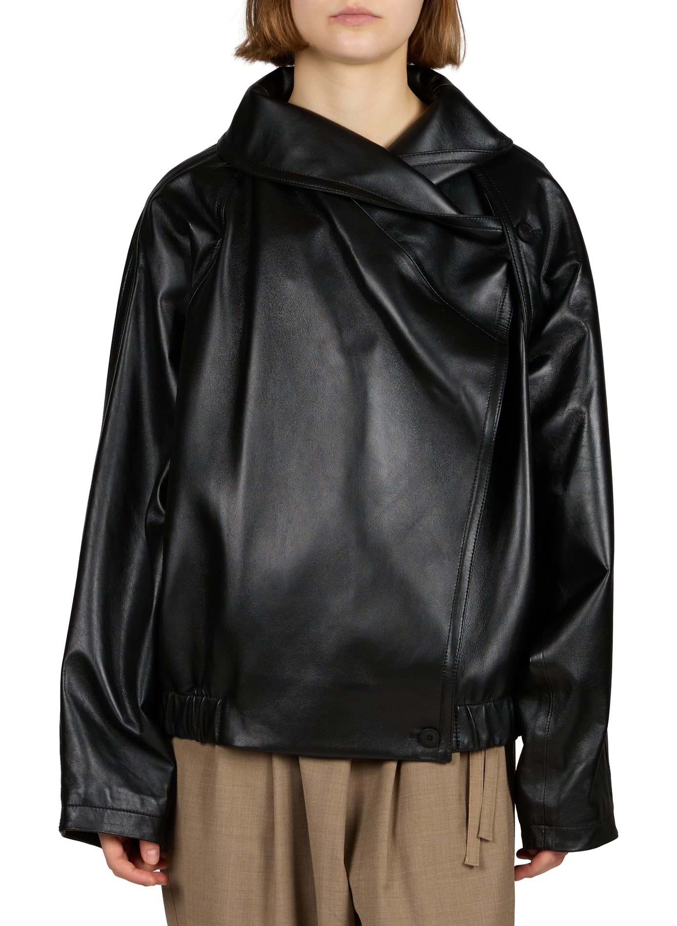 Oversized leather cross-over collar jacket LE 17 SEPTEMBRE Black